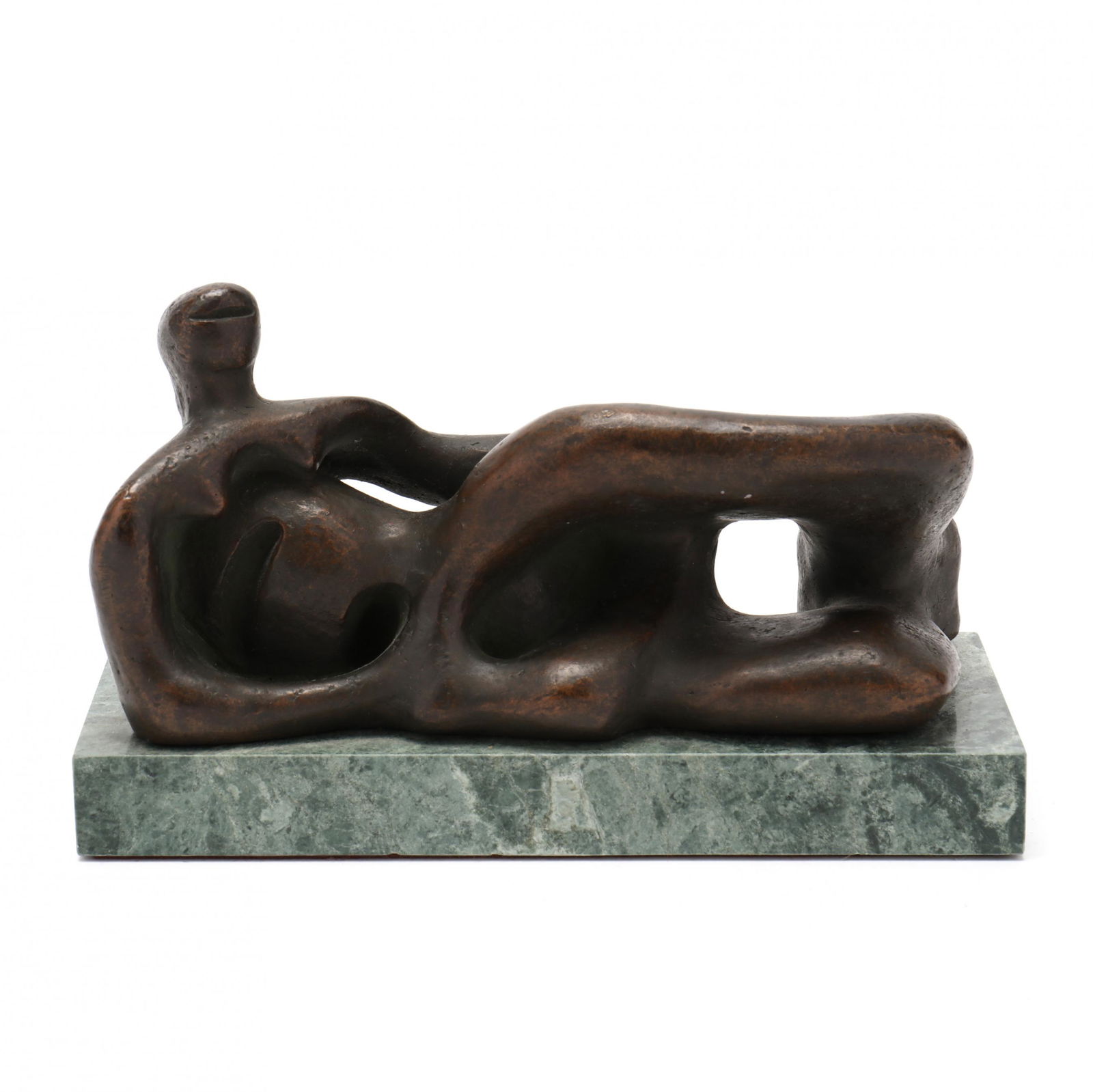 after Henry Moore, Reclining Figure Sculpture: after Henry Moore, Reclining Figure Sculpturebronze figure mounted to a green marble base, felt underside with authentic copyright label from the "Detroit Institute for the Arts / by Alva Museum Repli