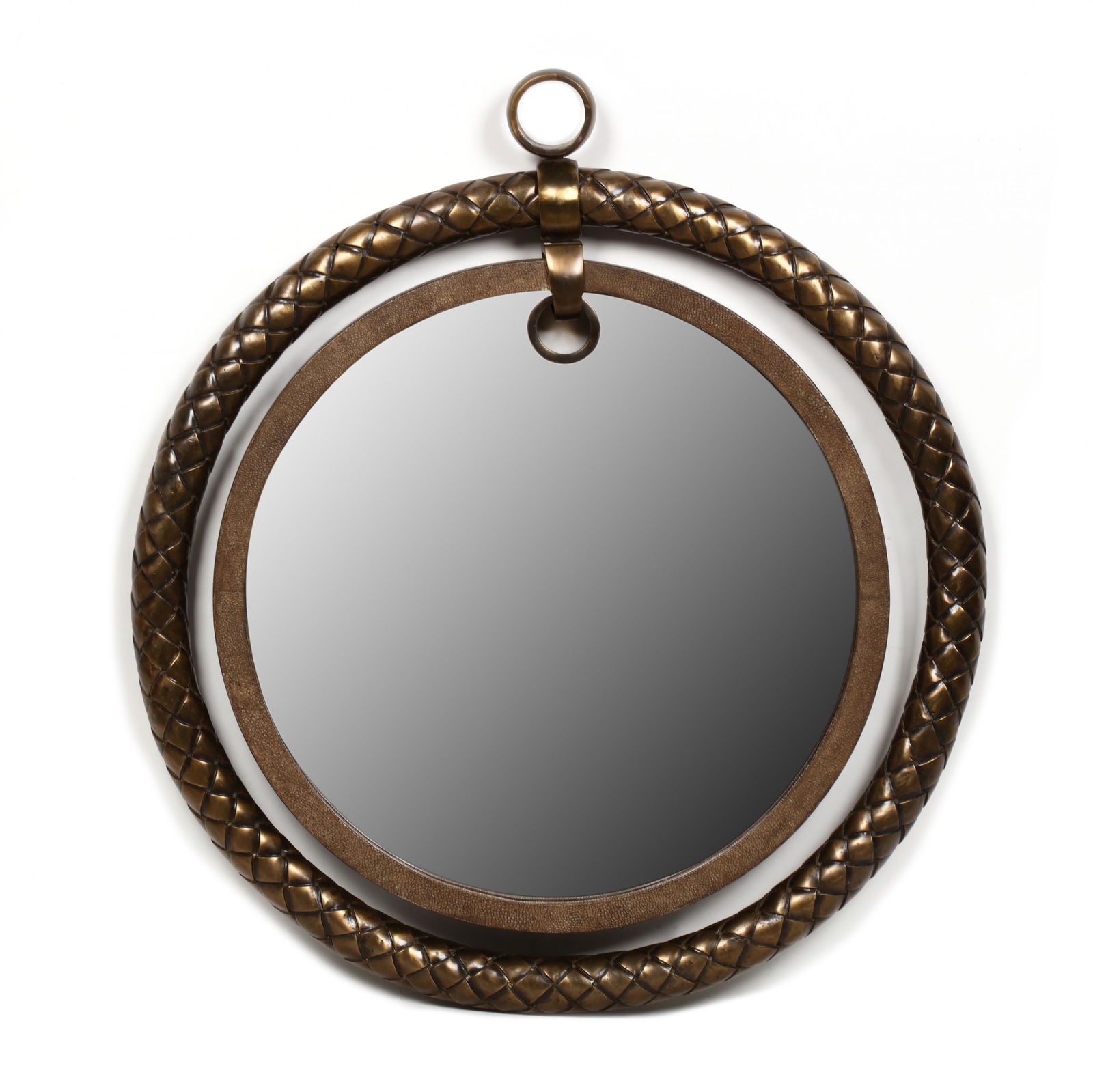 R&Y Augousti, Bronze and Shagreen Mirror: R&Y Augousti, Bronze and Shagreen MirrorParis, late 20th century, braided style patinated bronze ring with central suspended circular mirror with brown shagreen frame, mahogany backing, labeled. 26 x