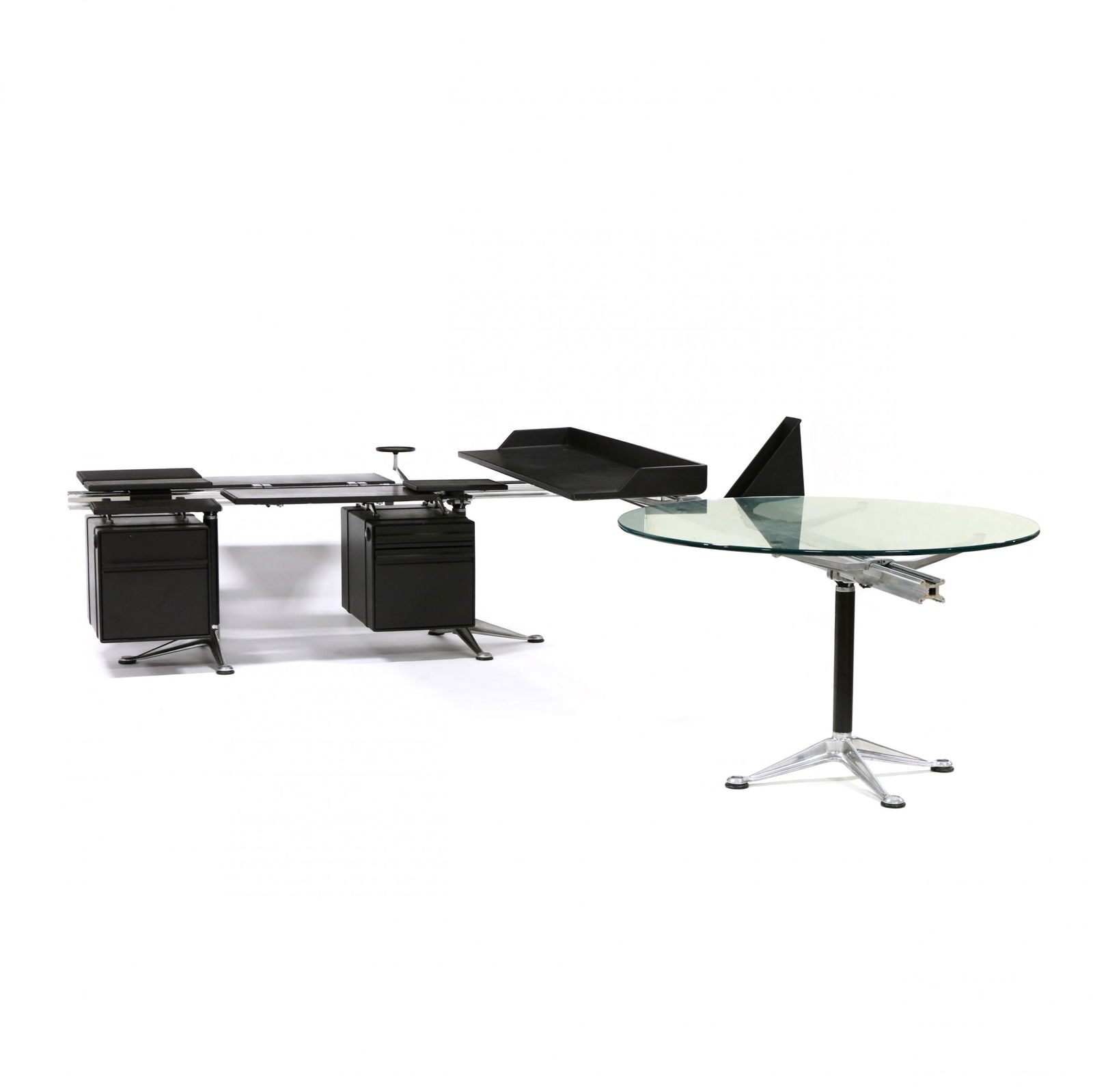 Bruce Burdick, Modern Executive Desk for Herman Miller: Bruce Burdick, Modern Executive Desk for Herman Millerlate 20th century, black plastic, aluminum, glass and laminate surfaces, including a three drawer desk, 48 inch diameter glass surface, adjustable