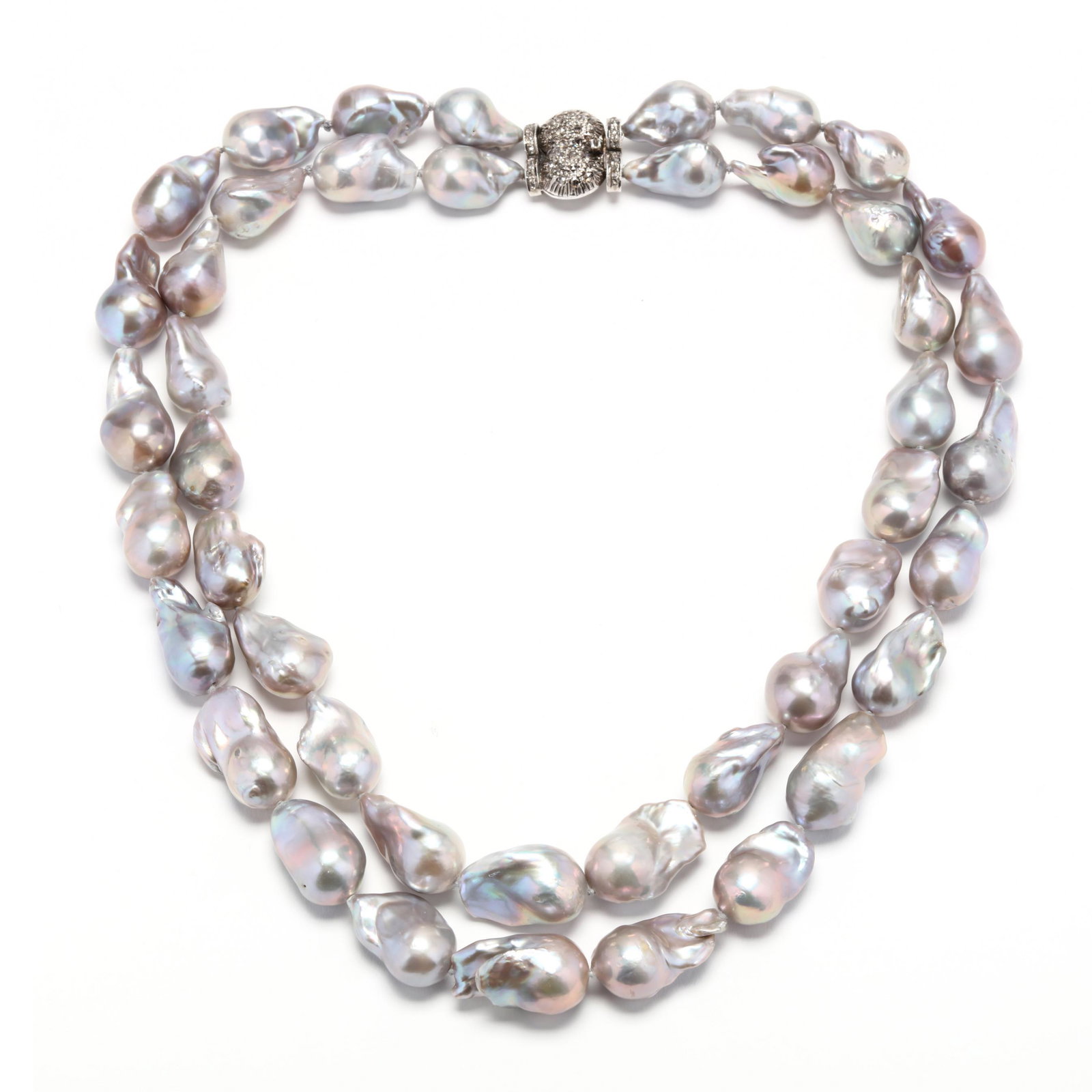 Double Strand Baroque Pearl Necklace with Silver and: Double Strand Baroque Pearl Necklace with Silver and Diamond Set Clasp strung knotted with graduated silver gray Baroque cultured pearls (15.5 x 25.0mm - 13.0 x 18.0mm) and completed with a silver cla