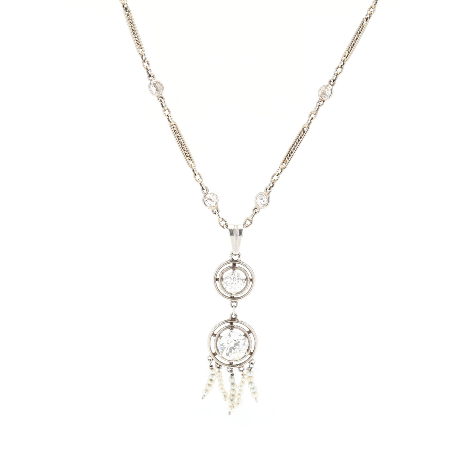 Art Deco 18KT White Gold, Diamond, and Seed Pearl: Art Deco 18KT White Gold, Diamond, and Seed Pearl Necklacethe fancy link necklace with full cut round diamond stations weighing approximately .64 total carat (I-J color, SI clarity) and suspending a d