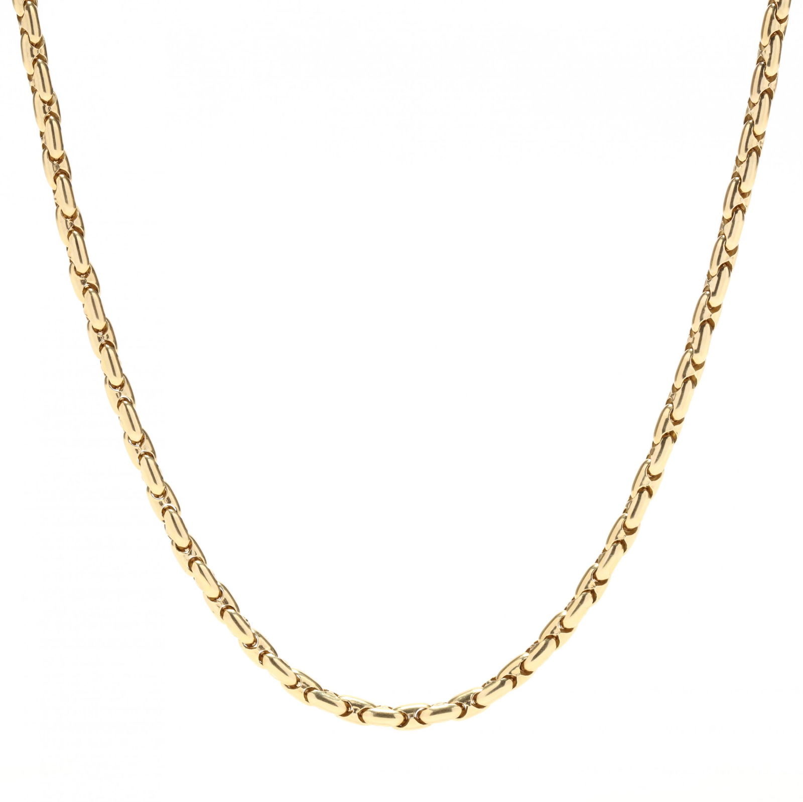 18KT Gold Fancy Chain Necklace, Chimento: 18KT Gold Fancy Chain Necklace, Chimentonecklace comprised of fancy tube form links completed with a lobster clasp signed, stamped 750, and with Italian Registry mark 408 VI. 4.5 mm x 23.75 in. 27.3 d