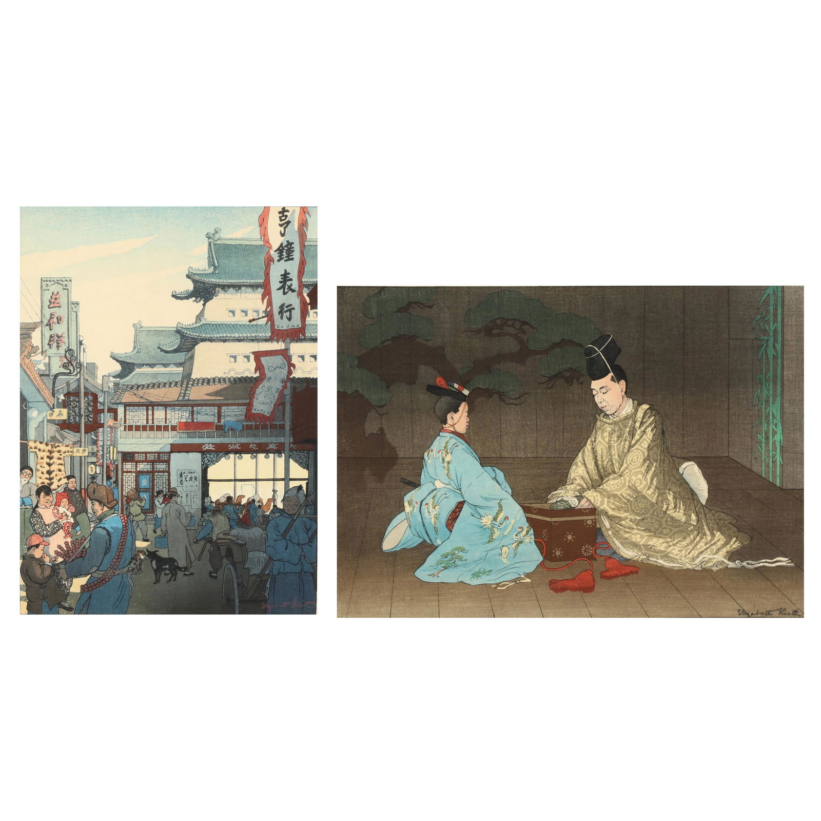 Elizabeth Keith (British, 1887-1956), Two Woodblock: Elizabeth Keith (British, 1887-1956), Two Woodblock Printsto include Outside Chang Man Gate, Peking, China (1925) and Kongo in Okino (1936), each signed at lower right, matted and presented in similar