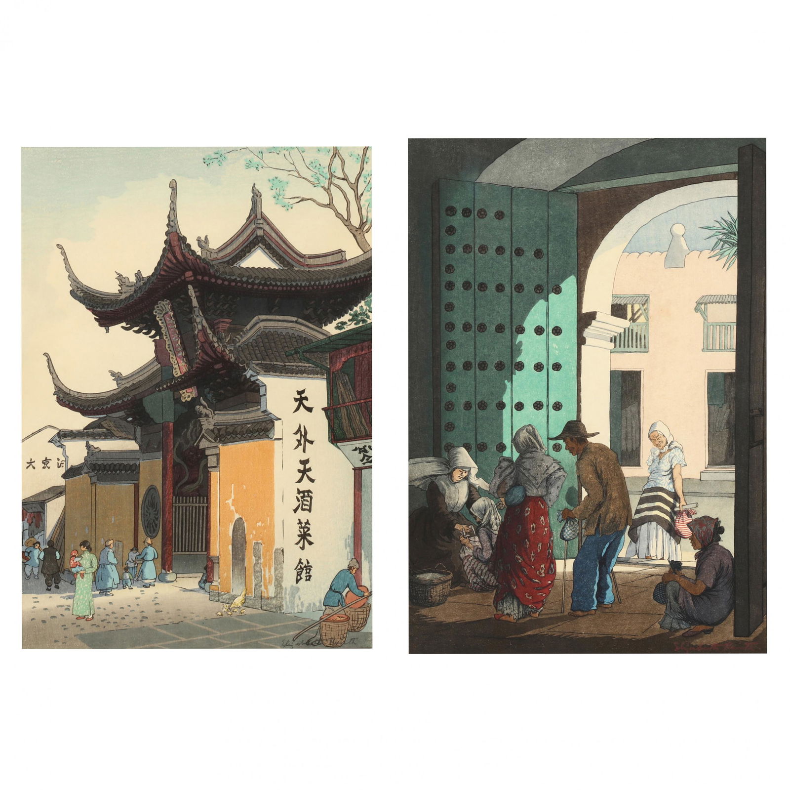 Elizabeth Keith (British, 1887-1956), Two Woodblock: Elizabeth Keith (British, 1887-1956), Two Woodblock Printsthe first: Ying Lin Monastery, China (1925), pencil signed in lower right corner; the second: St. Isabella Tower, Manila (1924), signed in red