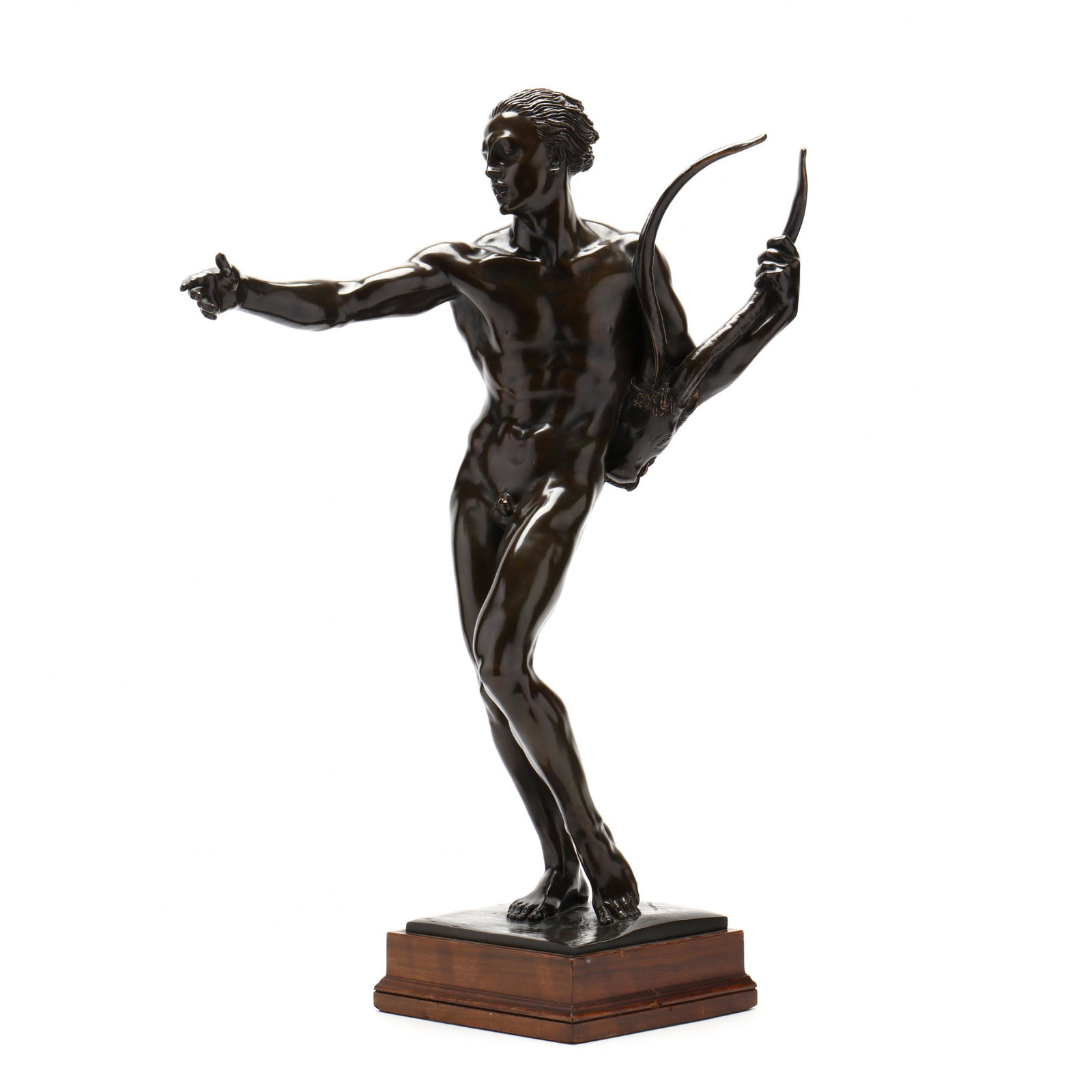 Percy Bryant Baker (British/American, 1881-1970), Art: Percy Bryant Baker (British/American, 1881-1970), Art Deco Bronze Sculpture 1932, cast and patinated bronze male nude with outstretched arm, wind-blown stylized hair holding a horned mask, signed in t