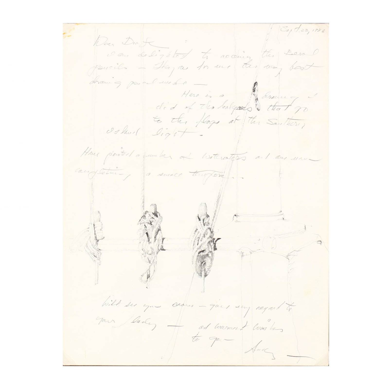 Andrew Wyeth (PA, 1917-2009), Letter with Drawings: Andrew Wyeth (PA, 1917-2009), Letter with Drawingspencil on paper, artist written letter with drawings of "...the halyards that go to the flags at the Southern Island light (house)...," dated Septembe