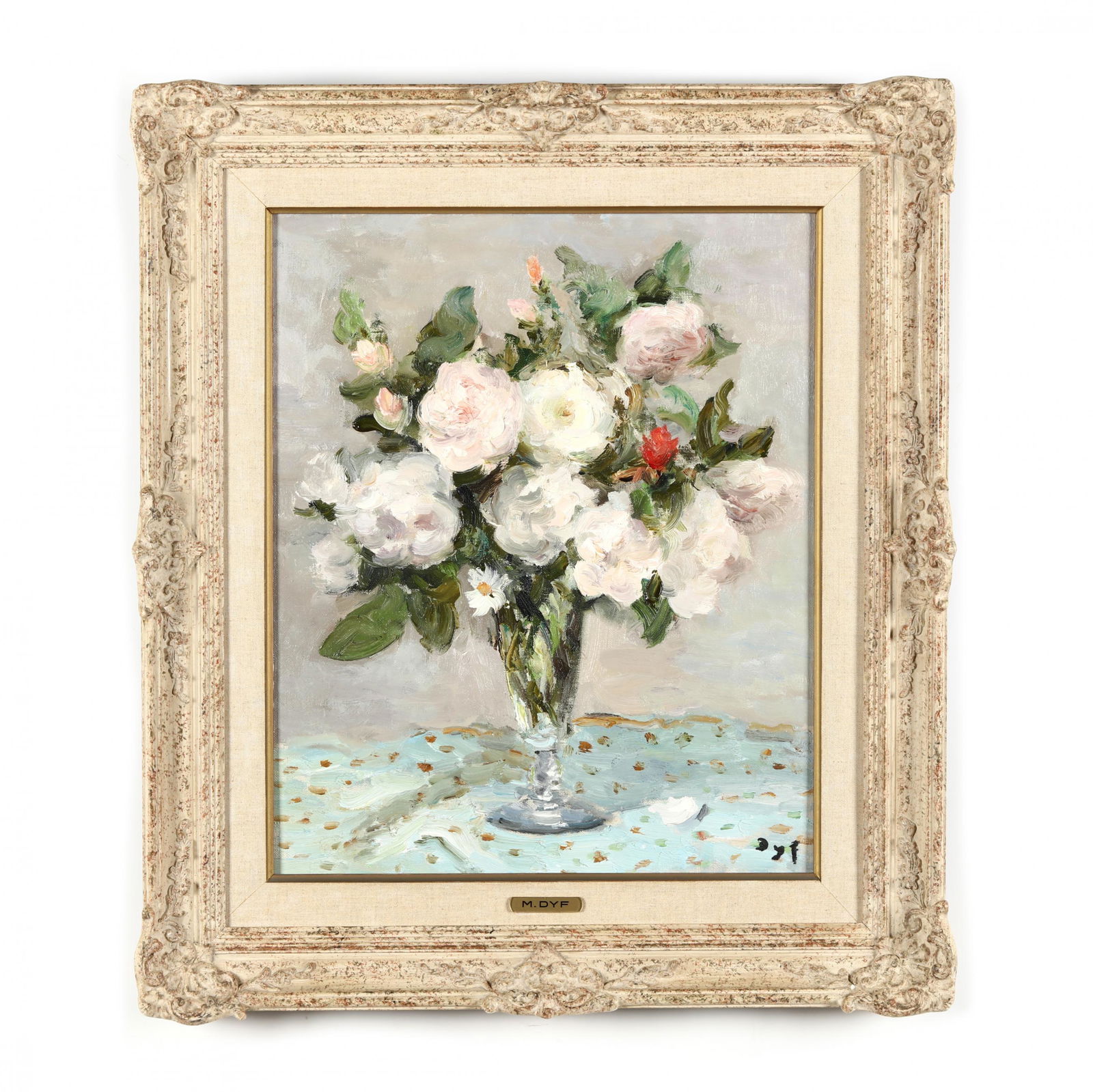 Marcel Dyf (French, 1899-1985), Still Life with Roses: Marcel Dyf (French, 1899-1985), Still Life with Rosesoil on canvas, signed at lower right, presented in a period frame with composition ornament, linen liner and gallery plaque. Stretcher size 18 x 15