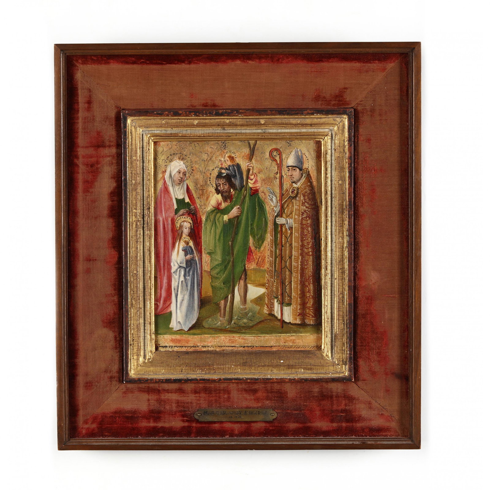 A Medieval Devotional Painting Featuring Saint Anne,: A Medieval Devotional Painting Featuring Saint Anne, Saint Christopher with the Christ Child, and Saint Erasmus likely German or Austrian, 16th century or earlier, tempera and gold on oak panel, prese