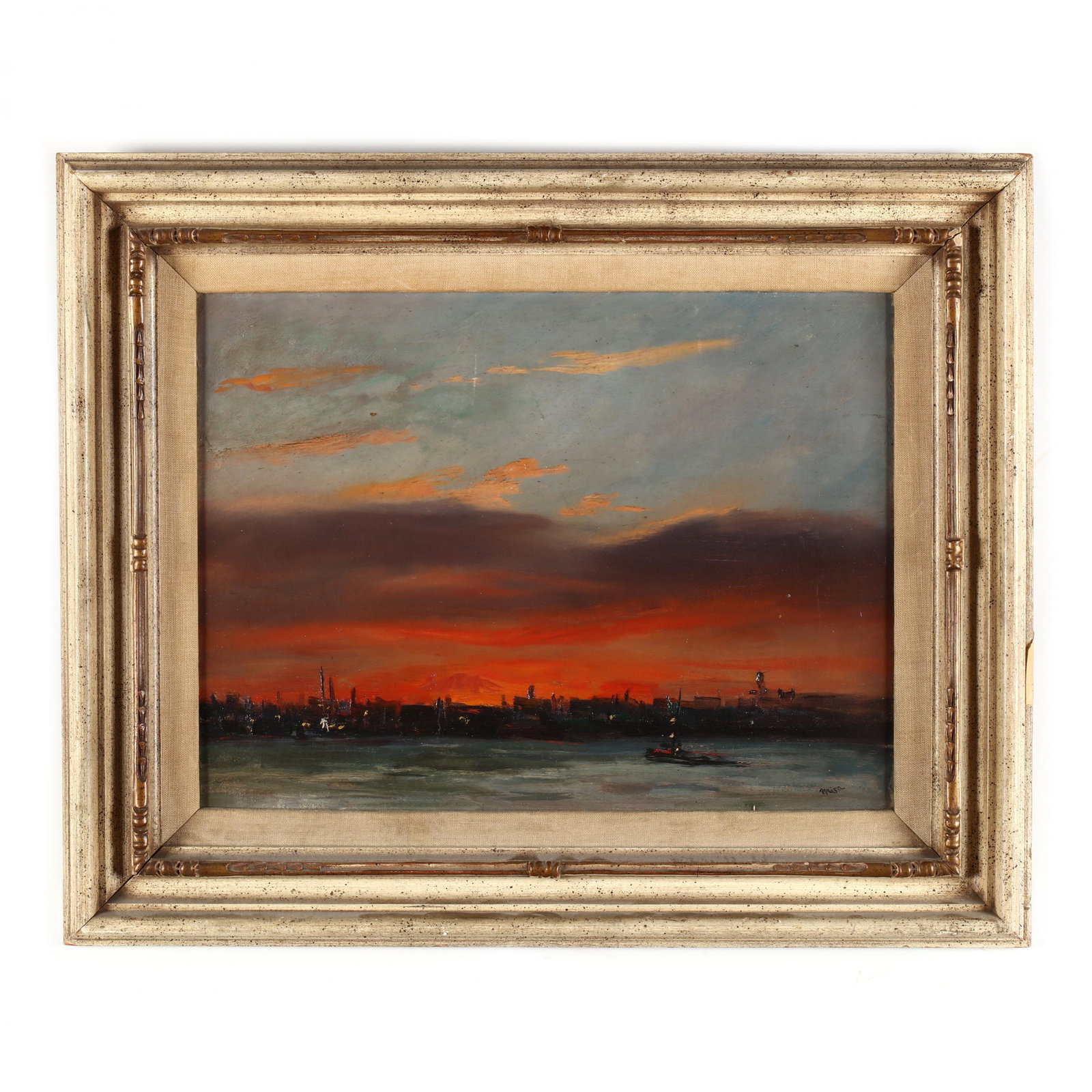 Alfred Mira (NY, 1900-1981), Sunset on the Hudson: Alfred Mira (NY, 1900-1981), Sunset on the Hudson oil on canvas board, signed at lower right, presented in a period frame with linen liner, retaining gallery label. Sight size 11 5/8 in. x 15.5 in.; F
