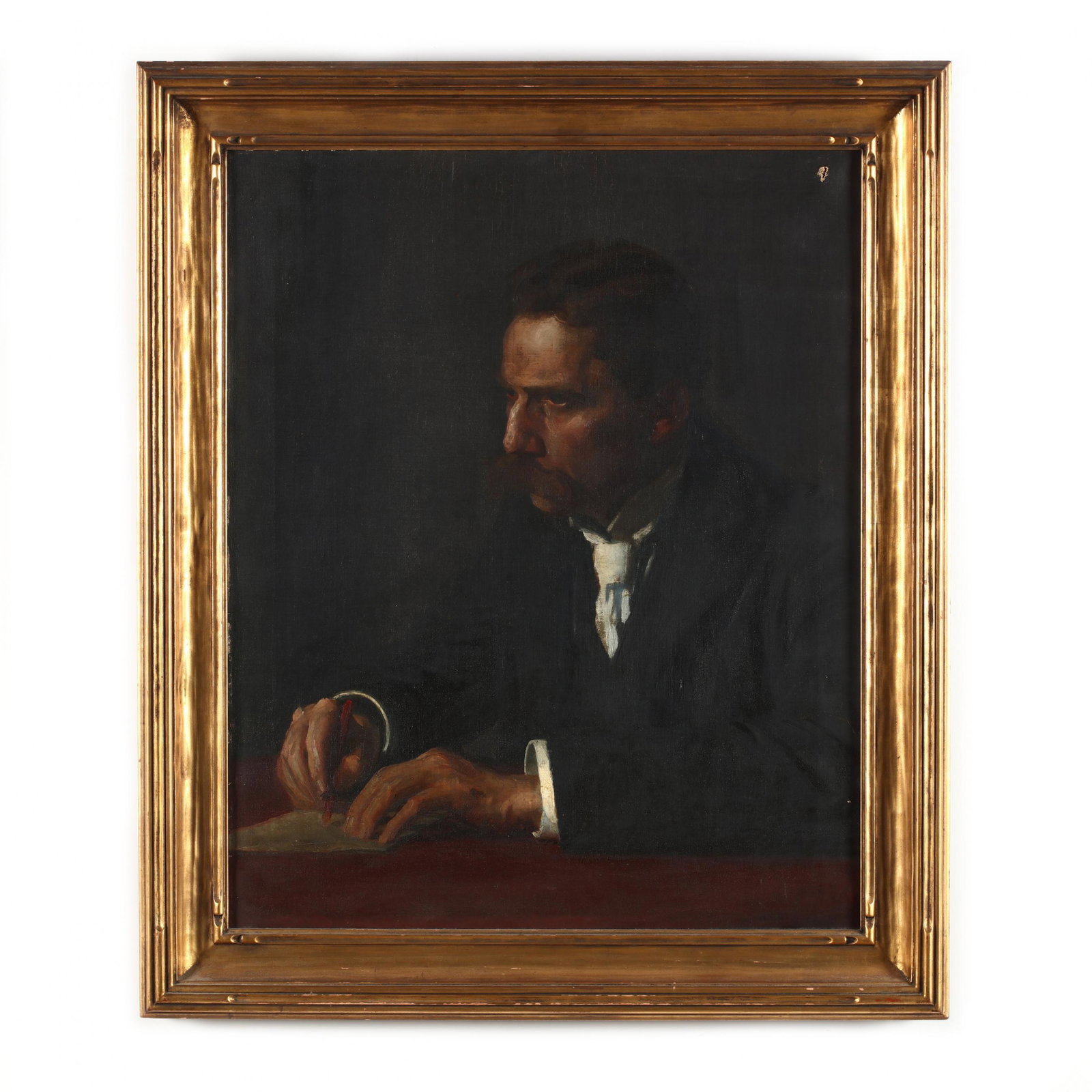 William Wallace Gilchrist Jr. (NY/ME, 1879-1926),: William Wallace Gilchrist Jr. (NY/ME, 1879-1926), Portrait of a Man at a Desk oil on canvas, signed at lower right, inscribed on verso of frame "Done Nov. 1924," presented in a period gilt frame. Sigh
