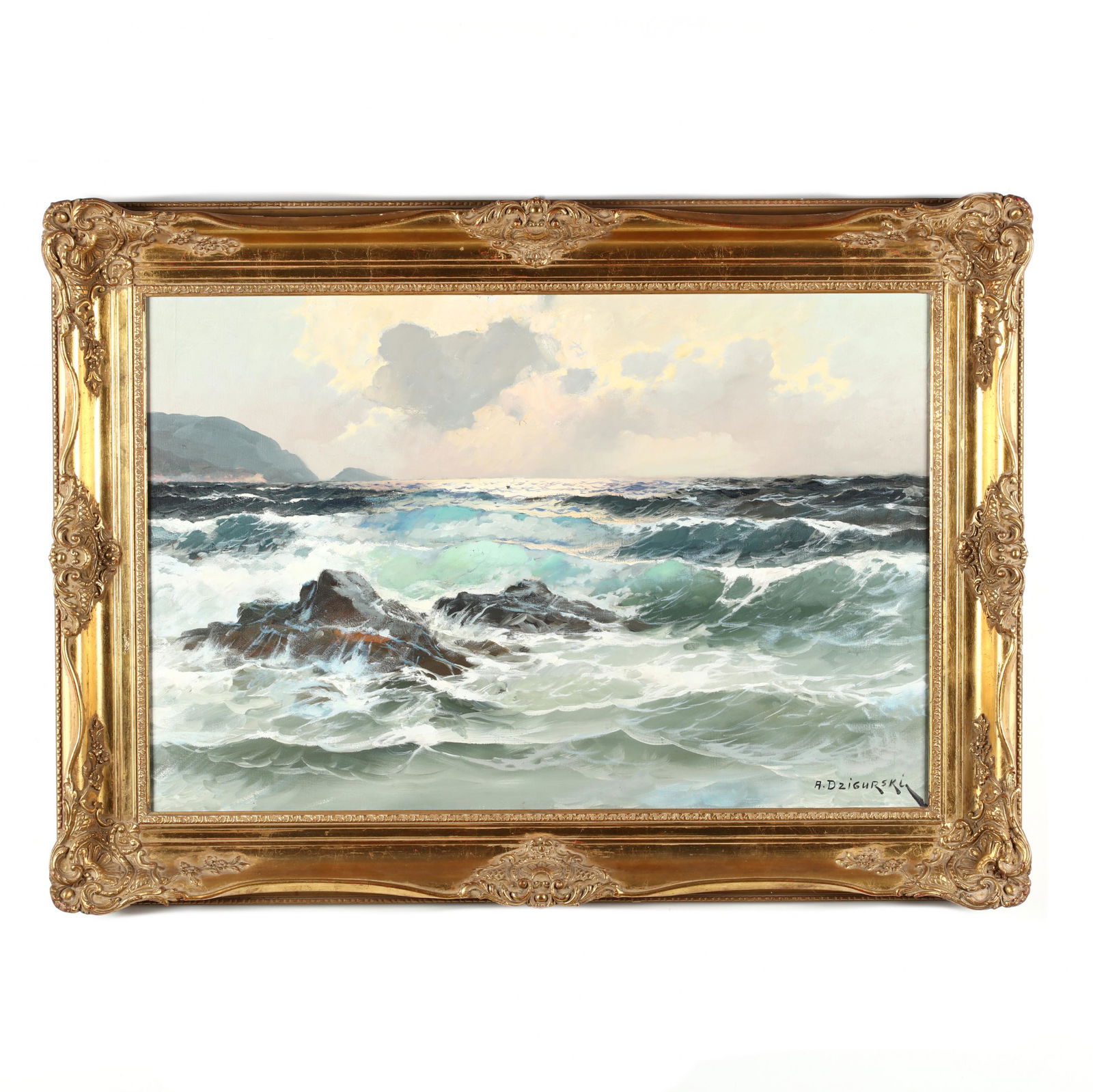 Alexander Dzigurski (CA. 1911-1995), Crashing Surf: Alexander Dzigurski (CA. 1911-1995), Crashing Surfoil on canvas, signed lower right, with artist's stamp to verso, presented in a gilt frame. Frame dimensions 32.5 x 44.5 in. From the Collection of Ja