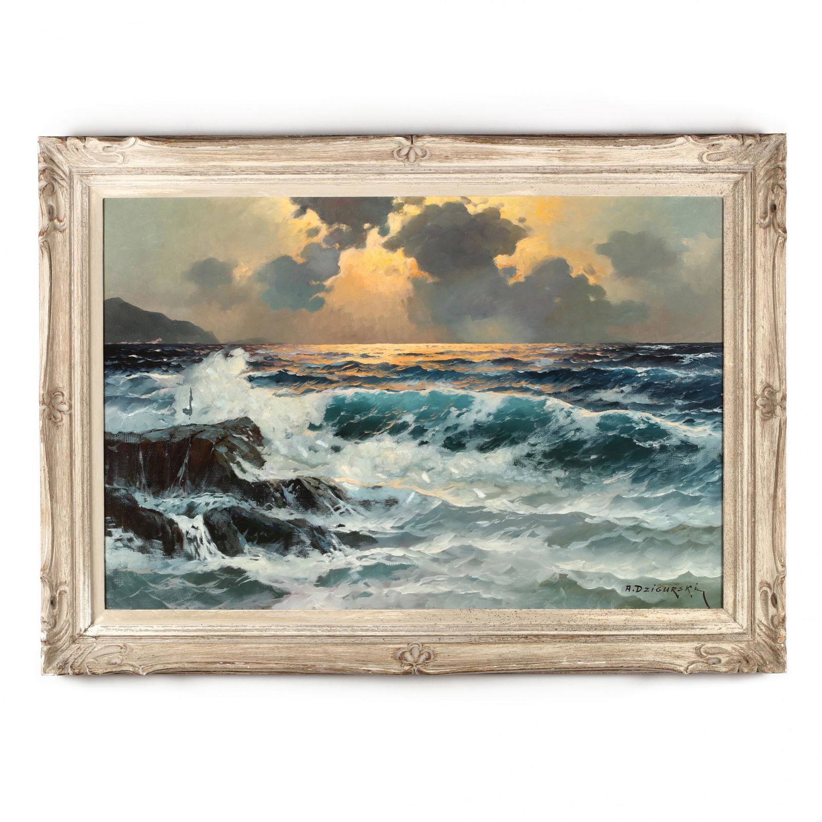 Alexander Dzigurski (CA, 1911-1995), Seascape at Sunset: Alexander Dzigurski (CA, 1911-1995), Seascape at Sunsetoil on canvas, signed at lower right, presented in a period frame, retaining a gallery label to the verso. Frame dimensions 31 x 43 in. From the