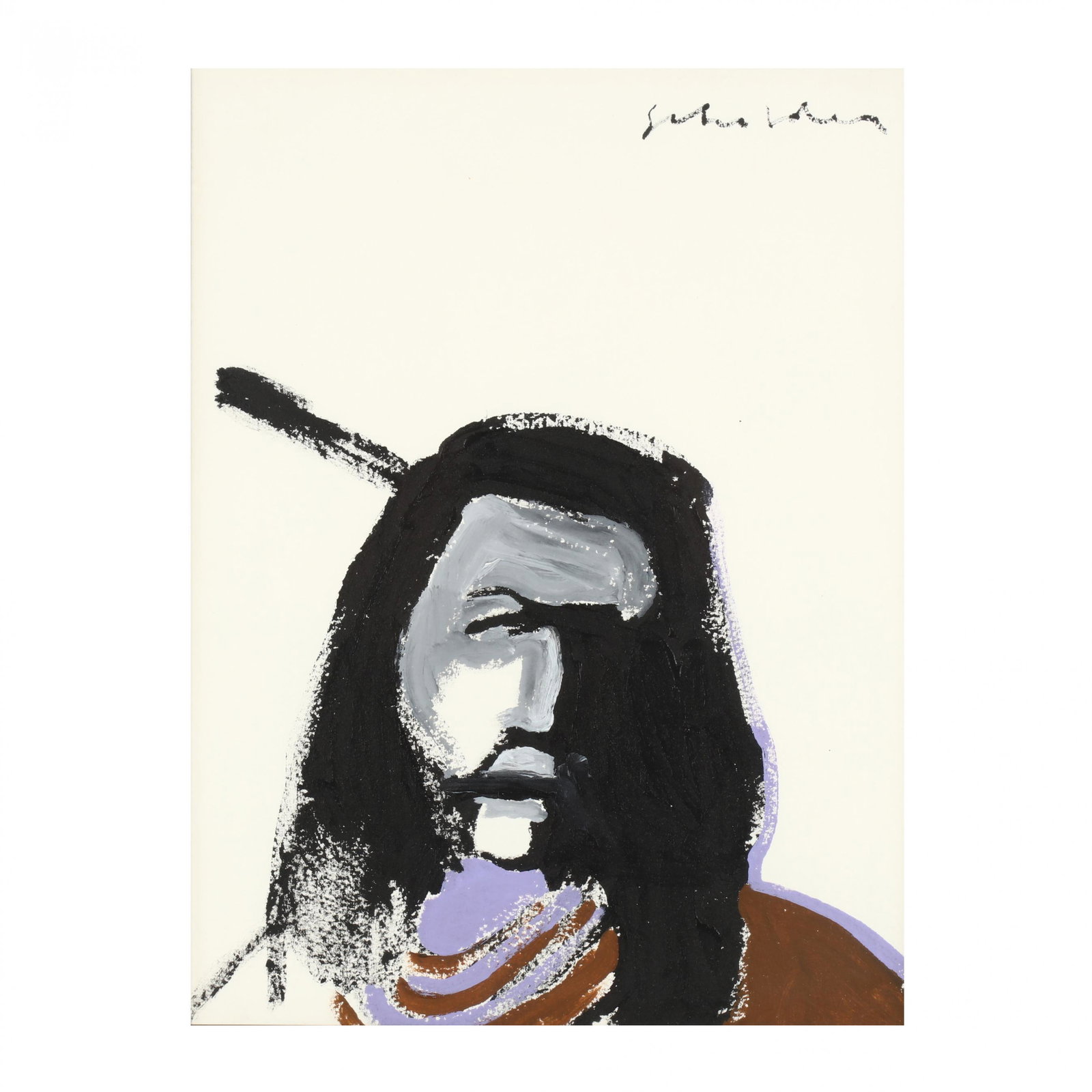 Fritz Scholder (AZ, 1937-2005), Indian Brave: Fritz Scholder (AZ, 1937-2005), Indian Brave acrylic on paper, signed upper right, retains Fenn Galleries, NM label to verso, double matted and framed behind glass. Sight Size 10.5 x 14 in.; Frame dim