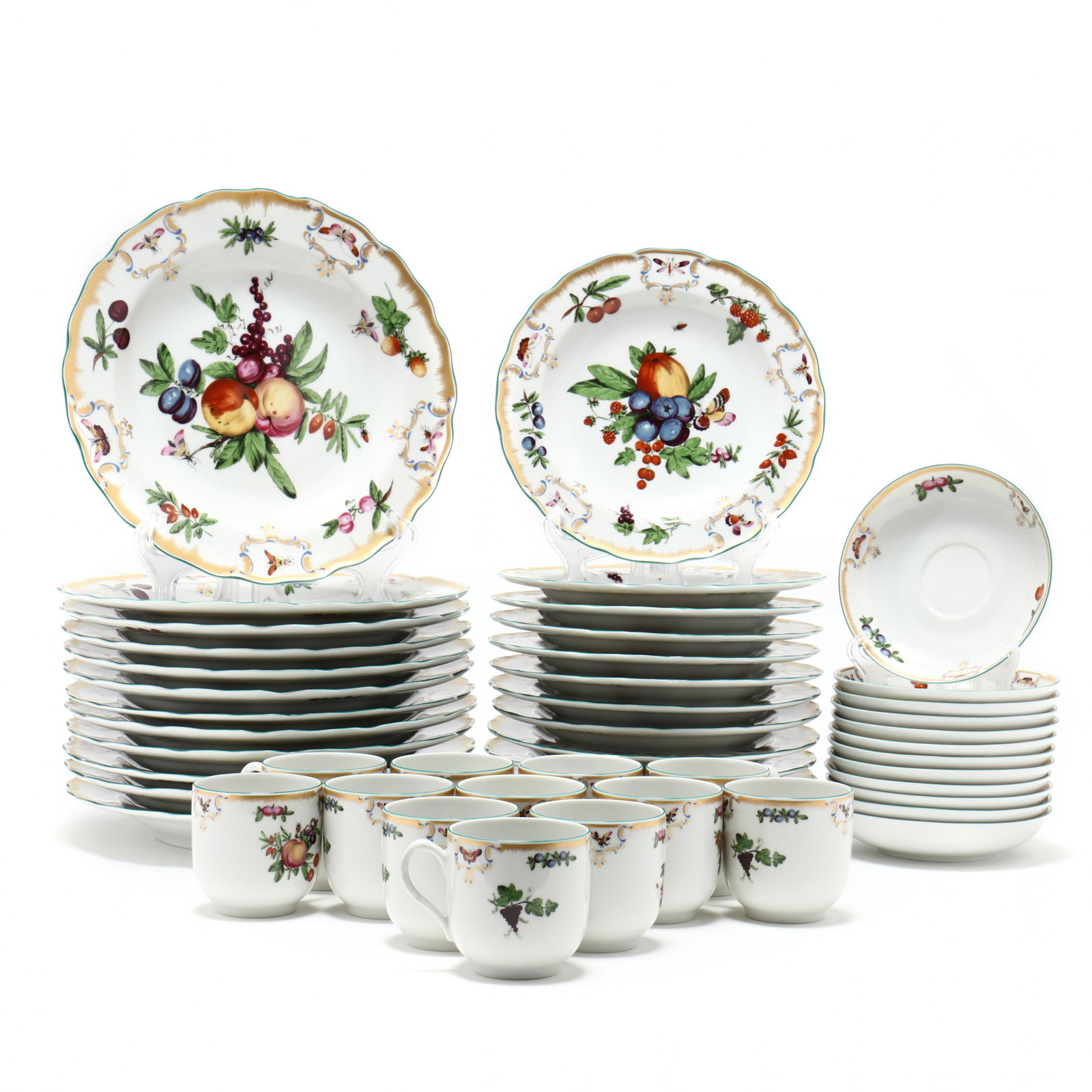 Mottahedeh Duke of Gloucester China Dinner Service: Mottahedeh Duke of Gloucester China Dinner Service (53) pieces, service for twelve, including: twelve each dinner plates (10 in.); twelve dessert or salad plates (8.25 in.); twelve cups with twelve sa