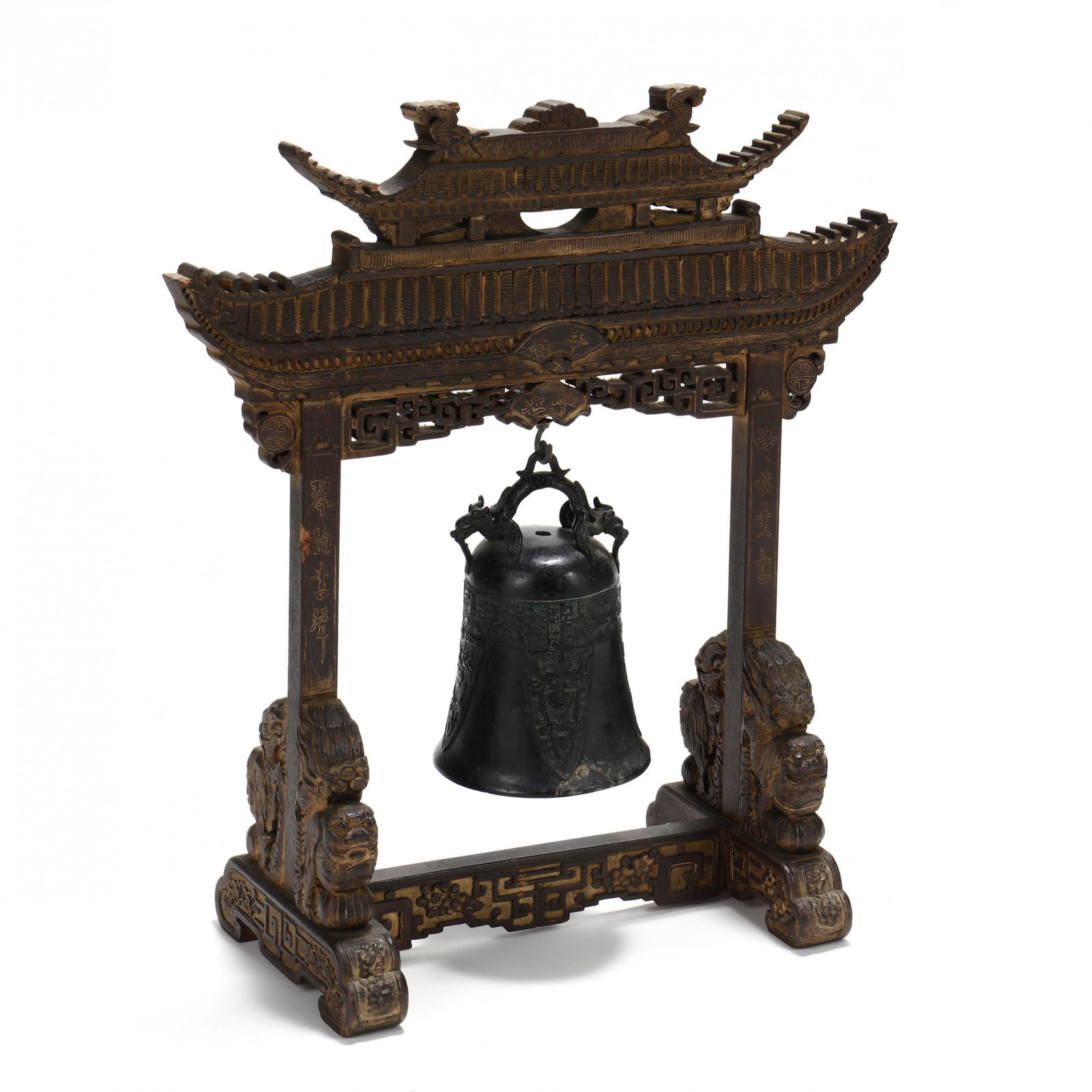 An Asian Bronze Bell and Carved Wooden Temple Gate: An Asian Bronze Bell and Carved Wooden Temple Gate Stand late 19th or early 20th century, bronze bell cast with two bearded and horned dragons joined to create a bell hanger over a band of cast fretwo