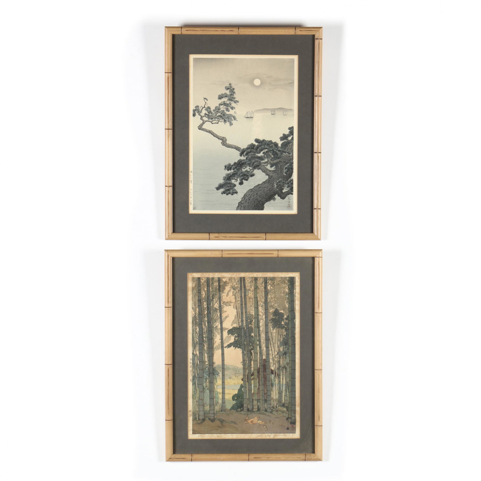 Two Japanese Woodblock Prints by Hiroshi Yoshida and: Two Japanese Woodblock Prints by Hiroshi Yoshida and Tsuchiya Koitsu includes Bamboo Wood, 1939, by Hiroshi Yoshida, with printed title and artist's name in lower margin, artist's signature together w