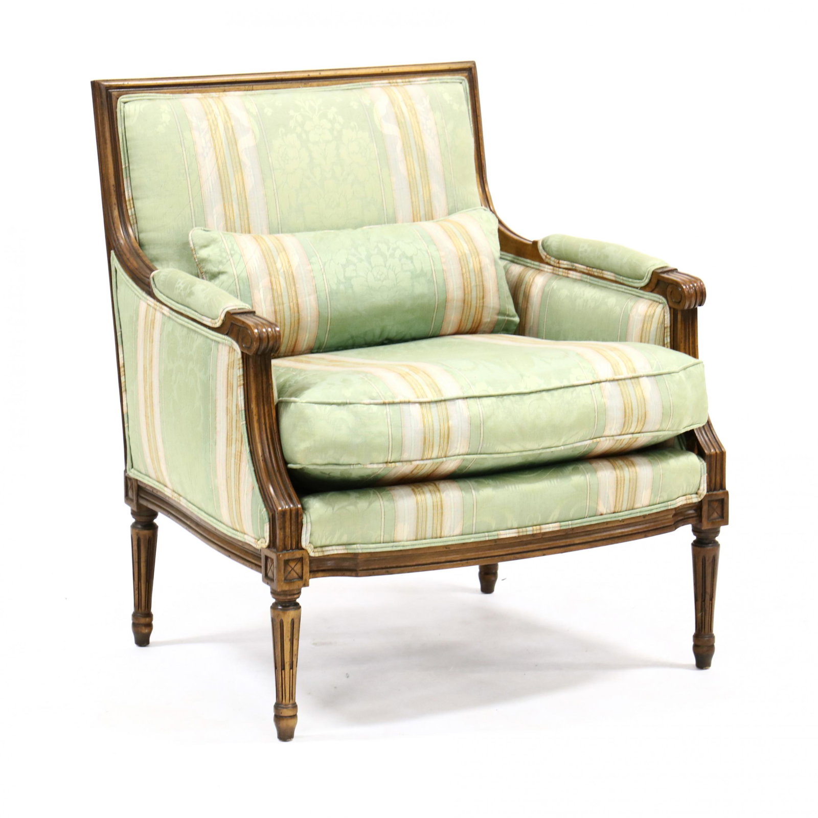 Baker, Louis XVI Style Bergere: Baker, Louis XVI Style Bergere late 20th century, fruit wood frame with green striped damask upholstery, loose cushion and pillow on stop fluted legs, labeled. 34.5 x 29.5 x 26 in., Seat height 19 in.