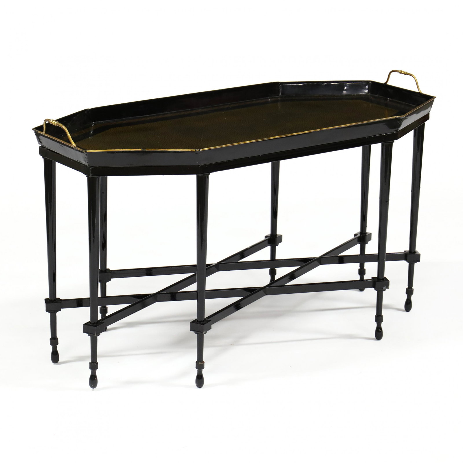 Contemporary Italian Tole Tray on Stand: Contemporary Italian Tole Tray on Stand two part form with a long shaped gallery tray with double handles and gilt ivy pattern on a custom black painted metal stand with eight legs and cross stretcher