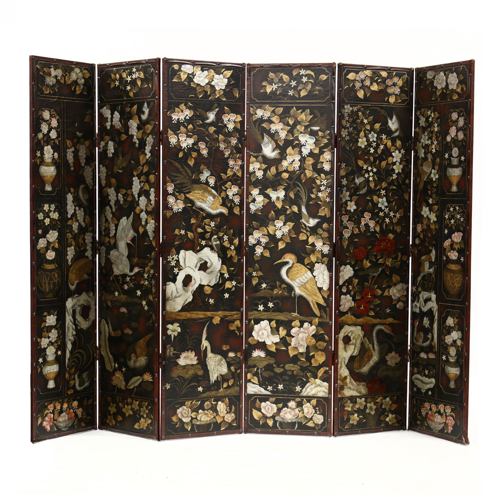 Large Decorative Chinese Style Six Panel Floor Screen: Large Decorative Chinese Style Six Panel Floor Screenlate 20th century, painted composition panels with antiqued crazed surface, hand painted birds and foliate in a rocky landscape with faux leather a