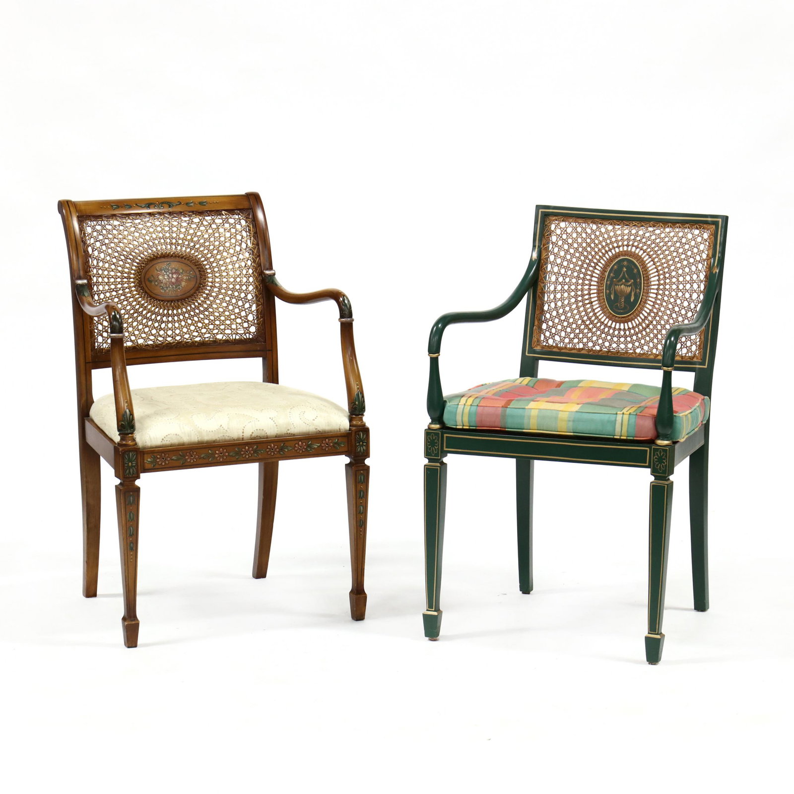 Two Adams Style Painted Cane Back Arm Chairs: Two Adams Style Painted Cane Back Arm Chairs late 20th century, the first in green paint by Hickory Chair (labeled) with gilt highlight, cane seat with plaid cushion on square tapered legs with spade 