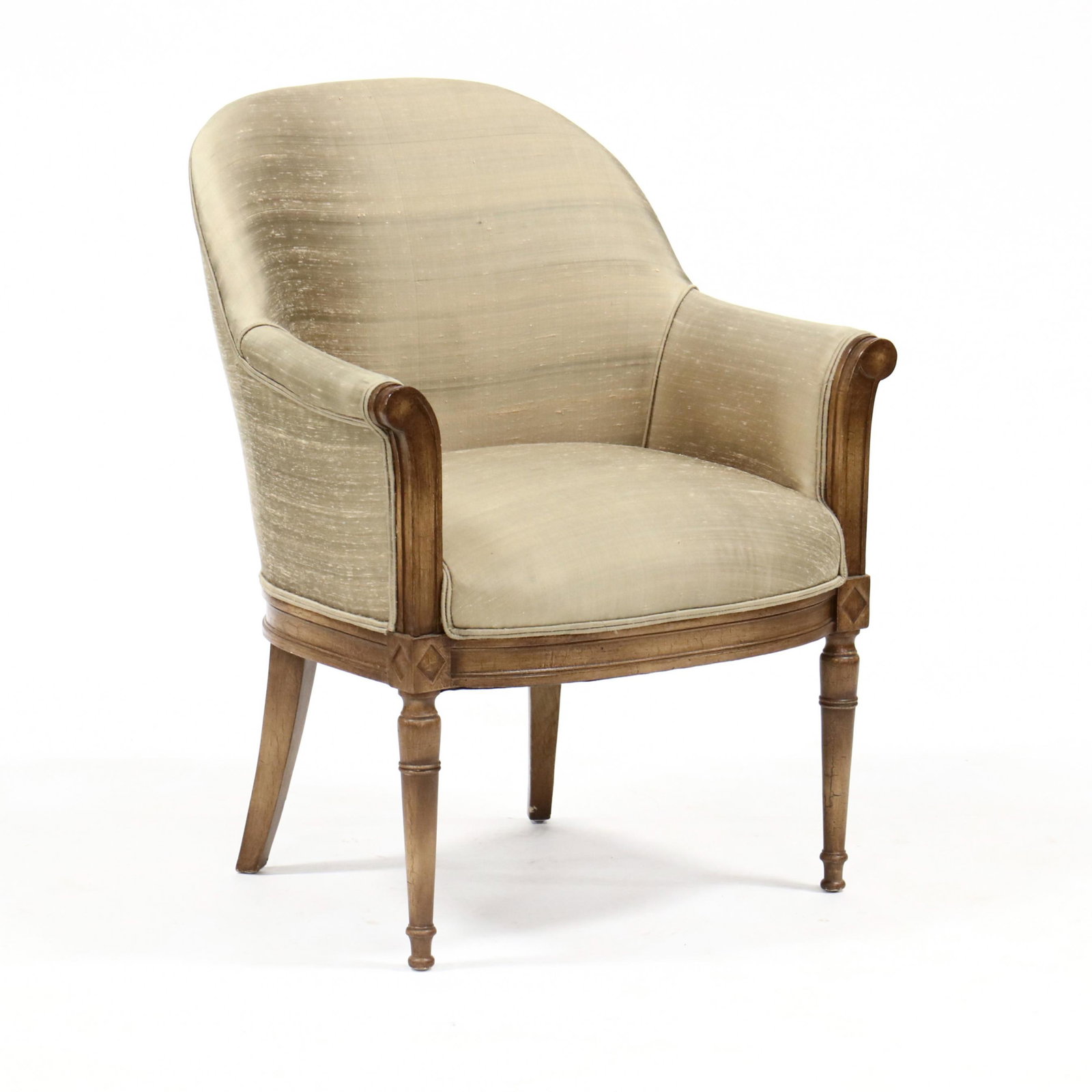 Meyer Gunther Martini, Silk Upholstered Barrel Back Arm: Meyer Gunther Martini, Silk Upholstered Barrel Back Arm Chair contemporary, in the Sheraton style with olive/tan silk upholstery, distressed wood frame, labeled. 34.5 x 25 x 25 in.; Seat height 17 in.
