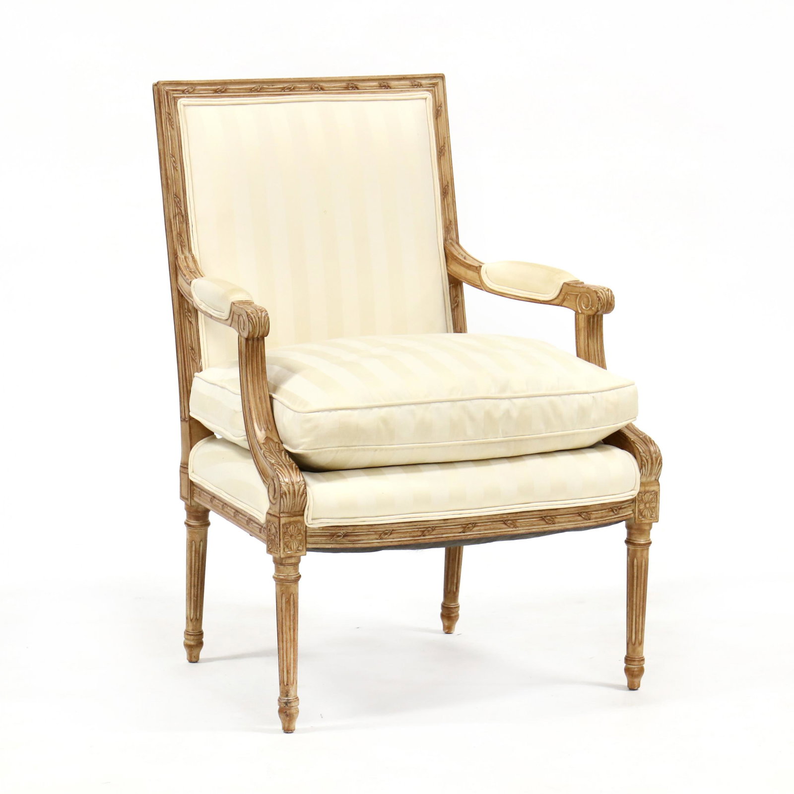 Meyer Gunther Martini, Louis XVI Style Silk Upholstered: Meyer Gunther Martini, Louis XVI Style Silk Upholstered Fauteuil contemporary, carved and whitewashed wood frame with carved ribbon and acanthus leaf, striped cream silk upholstery with a loose down-f