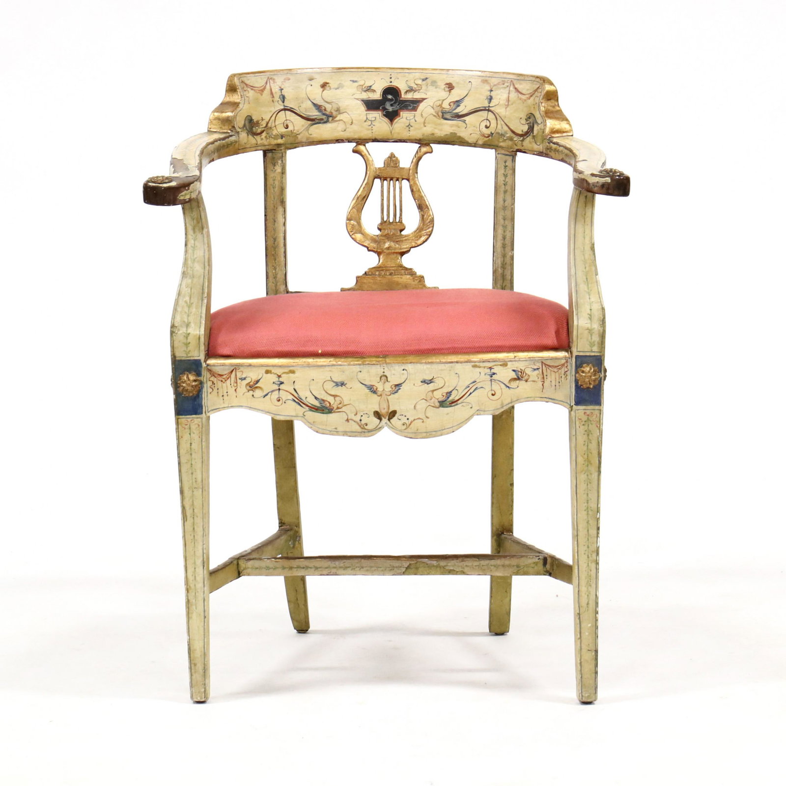 Antique Italianate Painted Armchair, John A. Colby &: Antique Italianate Painted Armchair, John A. Colby & Sons 19th century, painted and gilt wood frame with mythical figures, carved and gilt harp back, upholstered slip seat on square tapered legs, labe