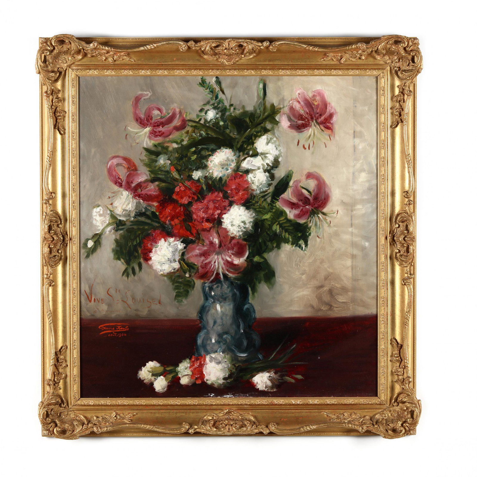 An Antique Belgian Still Life Painting with Lilies: An Antique Belgian Still Life Painting with Lilies oil on canvas, signed and dated "Jane Herbo / AoÃ»t 1906" at lower left, inscribed "Vive Ste Louise! / Ã¡ Marraine" above signature, the stretche