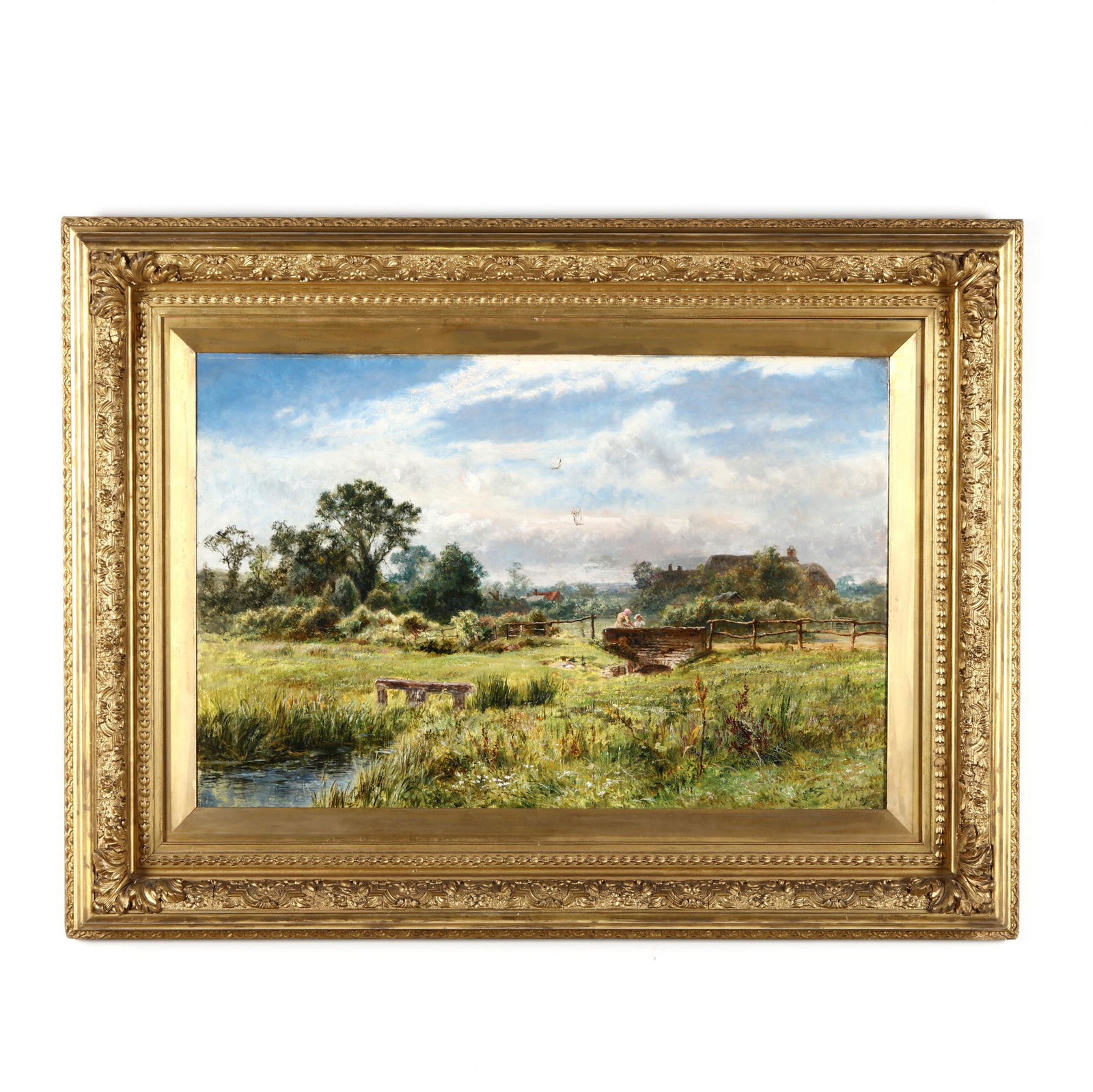 Robert Gallon (British, 1845-1925), Figures on a: Robert Gallon (British, 1845-1925), Figures on a Countryside Footbridgeoil on canvas, signed lower right, dated 1909 to lower stretcher profile, presented in an ornate period gilt frame. Stretcher dim