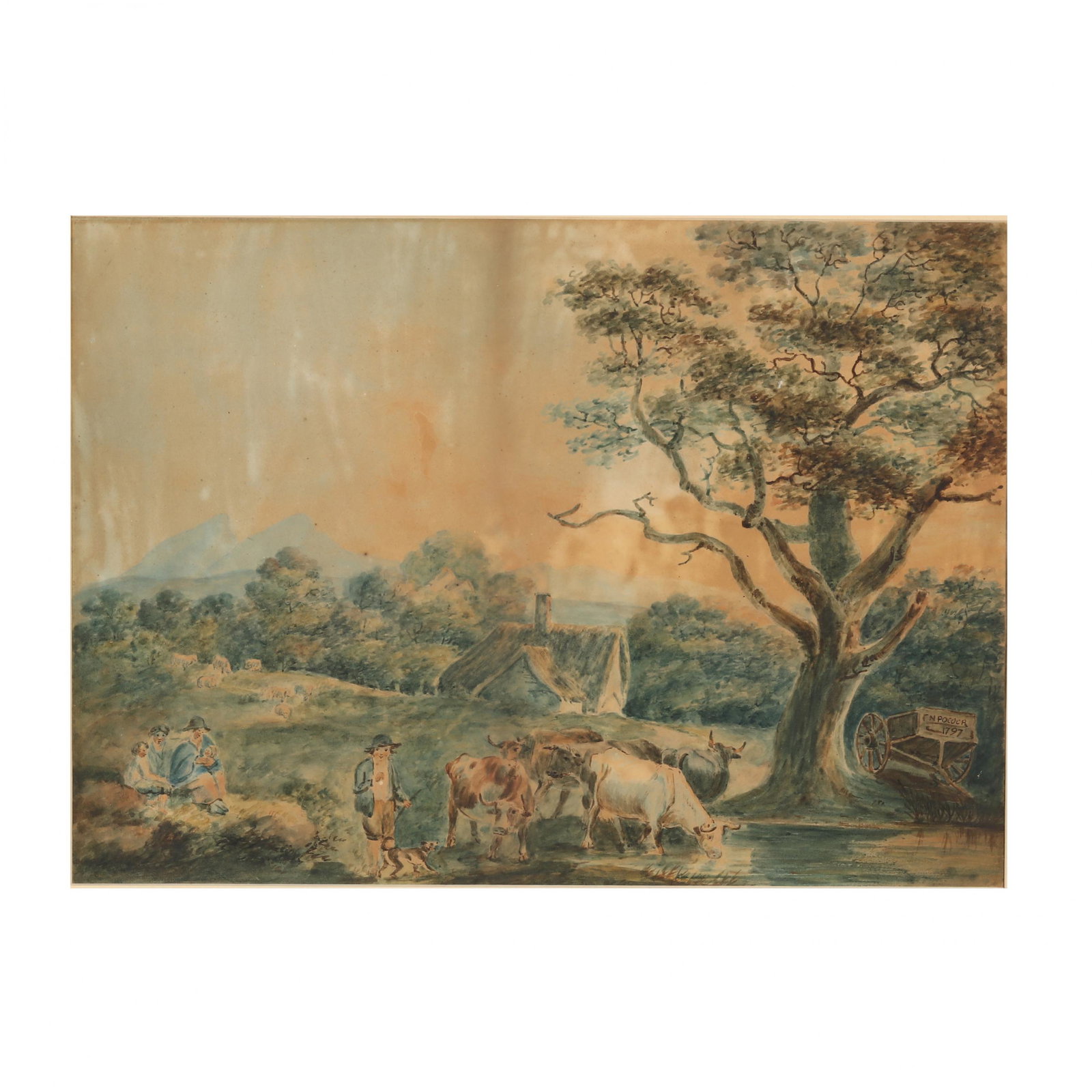 Nicholas Pocock (British, 1740-1821), Pastoral English: Nicholas Pocock (British, 1740-1821), Pastoral English Landscape watercolor, signed and dared "N. Pocock 1797" in the cart at right, presented in later frame with matting under glass. Sight size 12 1/