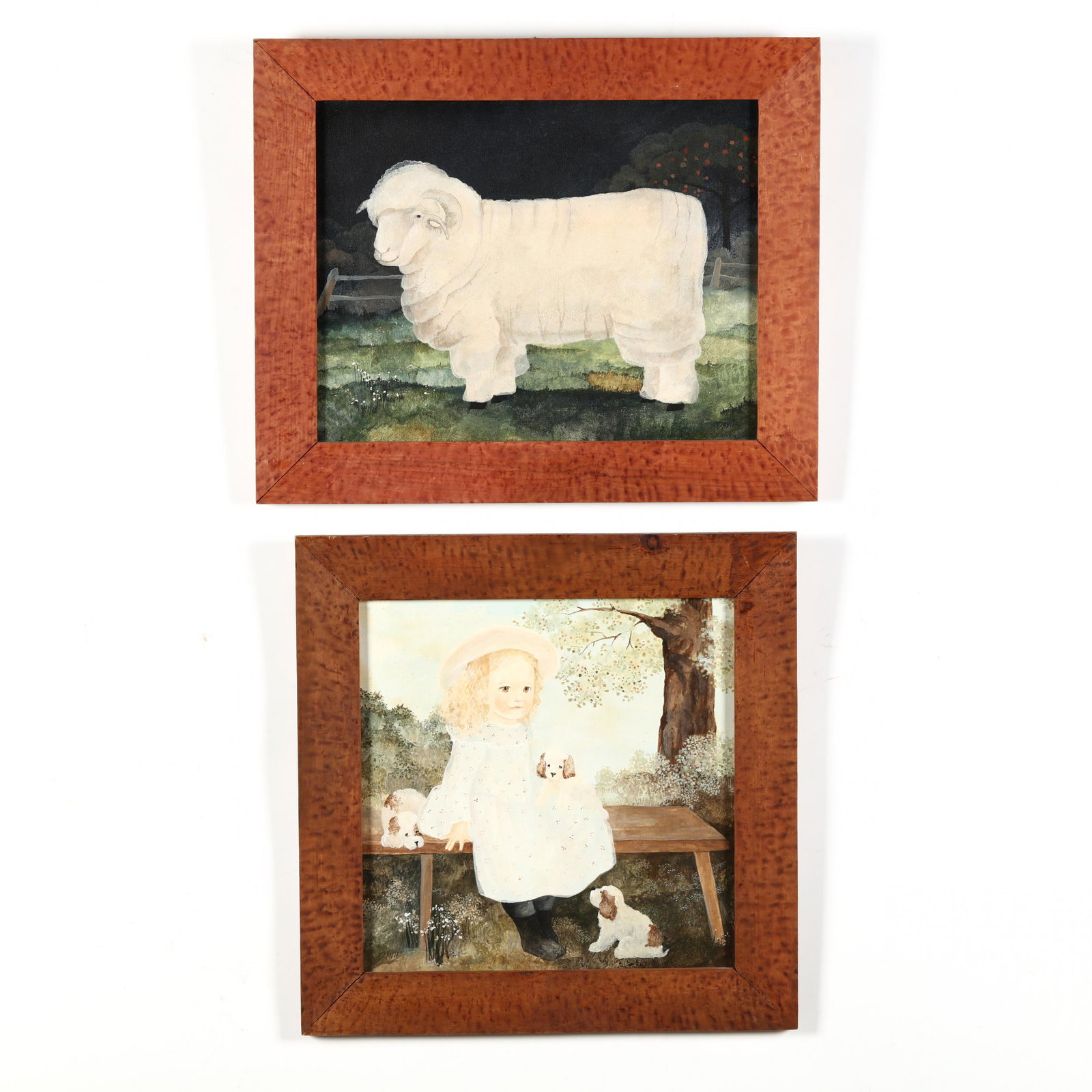 Jeanne Davies (PA/NJ, born 1936), Two Folk Art: Jeanne Davies (PA/NJ, born 1936), Two Folk Art Paintings oil on panel, both signed, presented in uniform faux wood grain framing. American artist Jeanne Davies practices landscape painting, portraitur