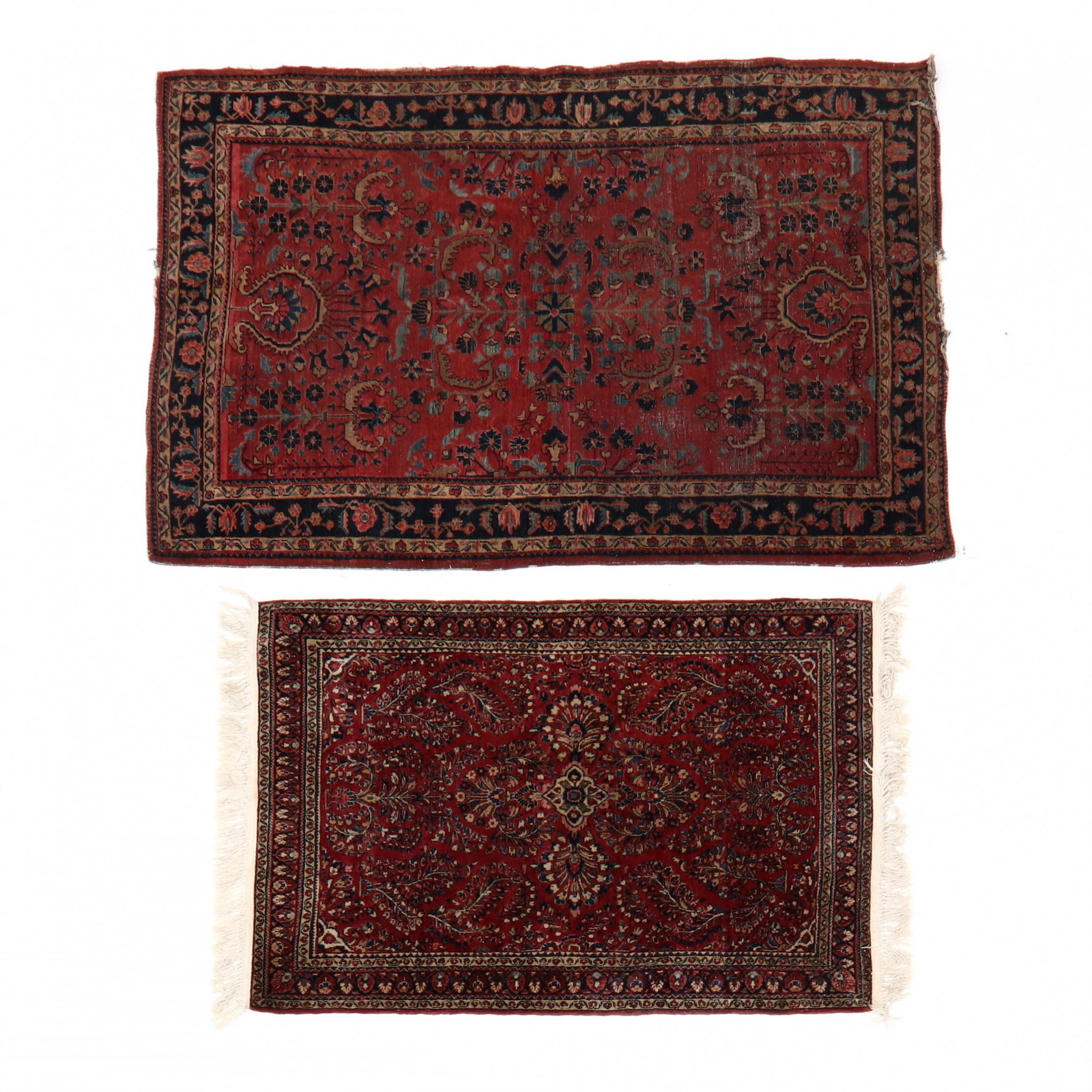 Two Sarouk Area Rugs: Two Sarouk Area Rugs the first with burgundy field with central medallion, ground with floral spray motifs, midnight blue guard border with palmette design (3 ft. 5 in. x 5 ft.; with applied fringe); 