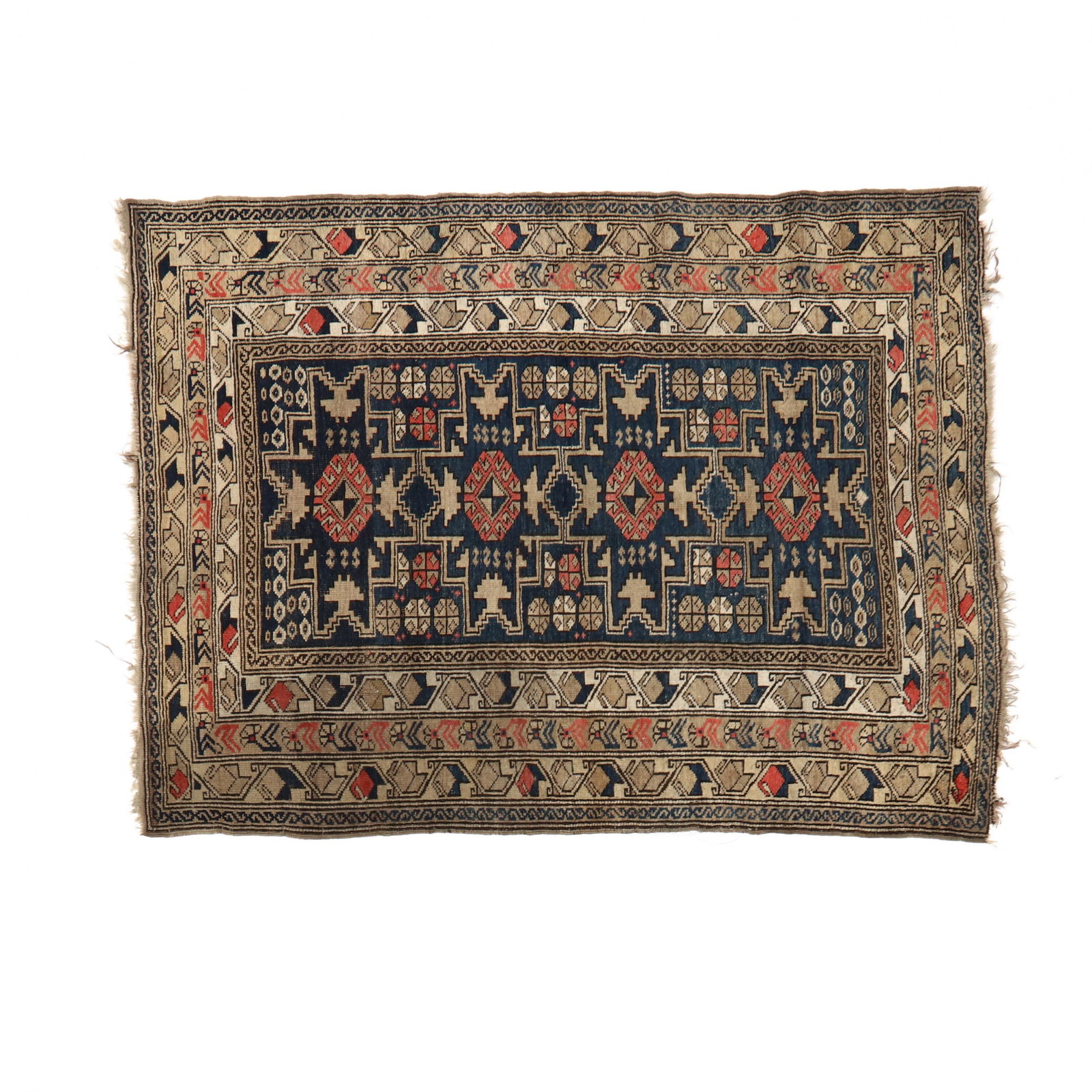 Shirvan Area Rug: Shirvan Area Rug navy blue field with lesghi star and geometric motifs, with multiple borders. 3 ft. 6 in. x 4 ft. 8 in. Estate of Judith Gregorio Additional high-resolution photos are available at ww