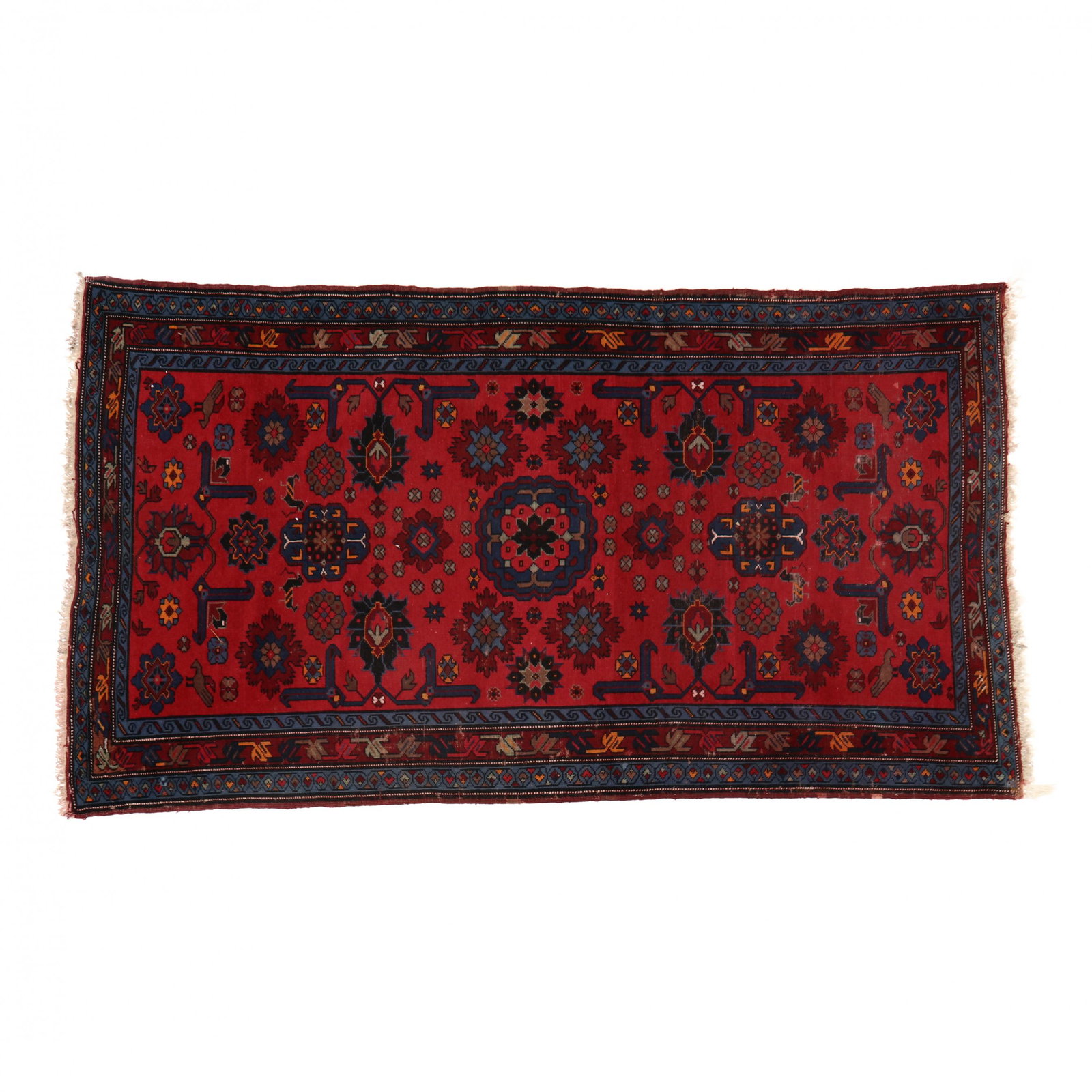 Caucasian Area Rug: Caucasian Area Rug red field with figural, floral, and geometric motifs, burgundy border between two bright blue borders. 4 ft. 4 in. x 7 ft. 10 in. Additional high-resolution photos are available at 