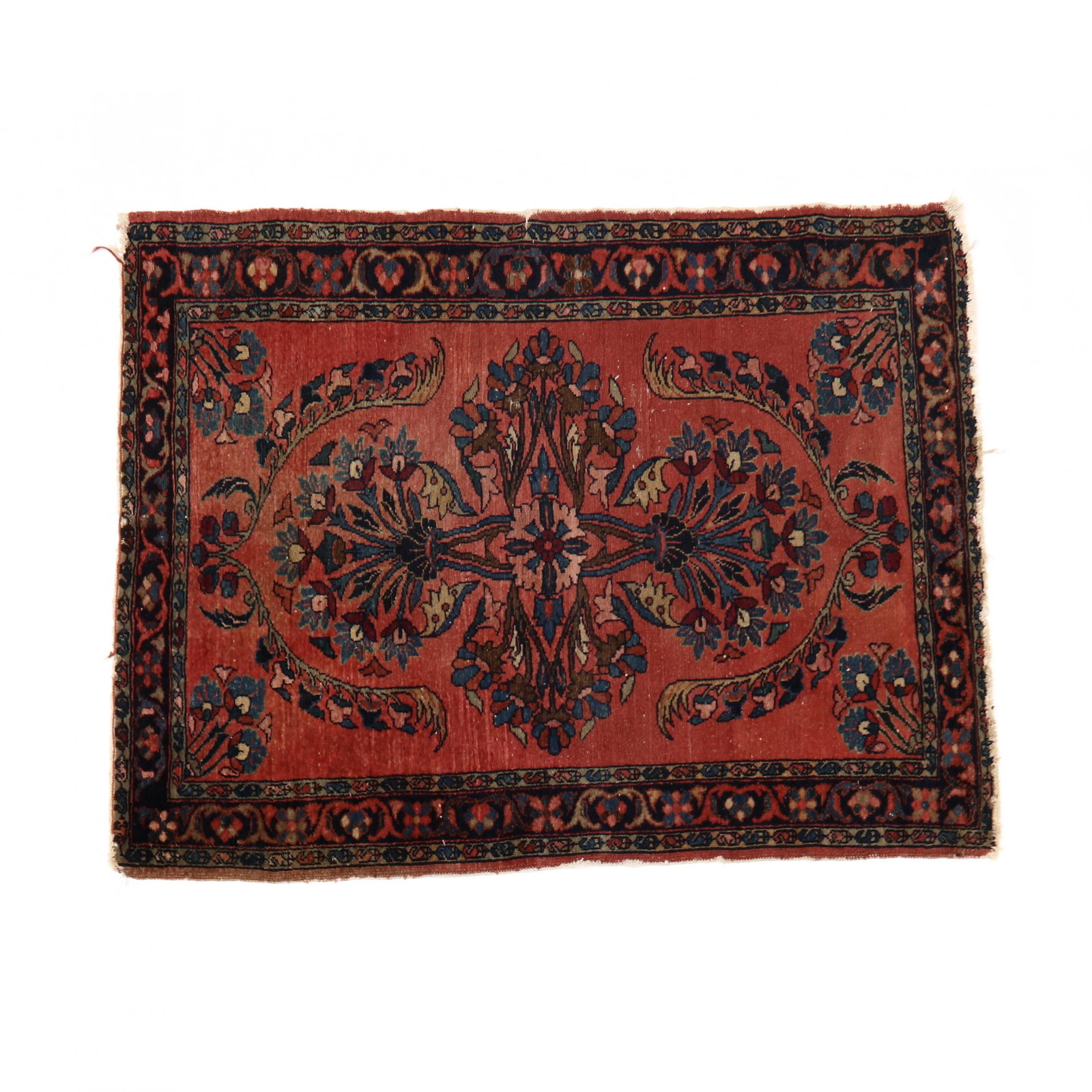 Lillihan Area Rug: Lillihan Area Rug salmon field with floral bouquet motif and with midnight blue guard border. 3 ft. 5 in. x 4 ft. 6 in. Additional high-resolution photos are available at www.lelandlittle.com