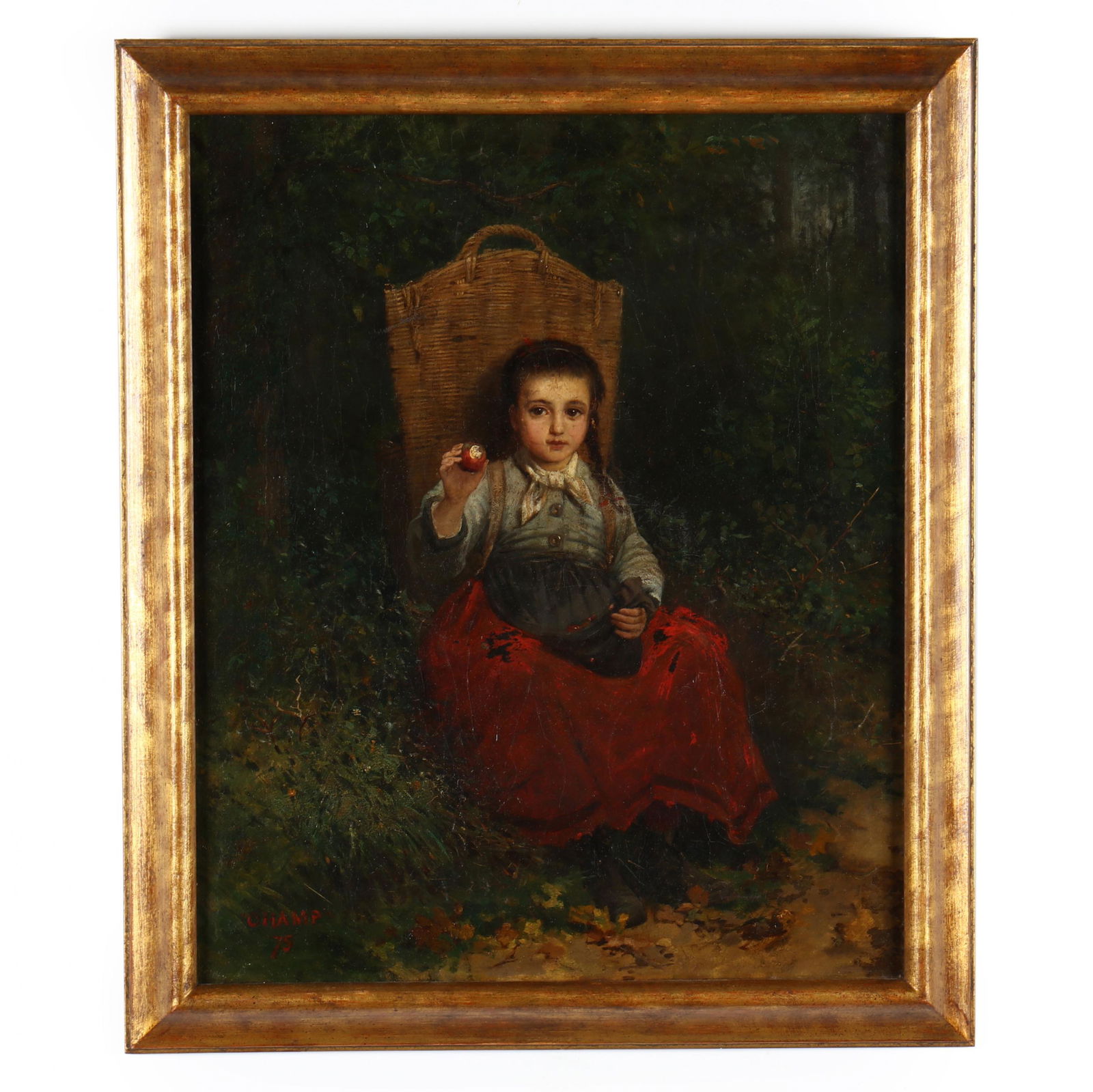 James Wells Champney (MA/NY, 1843-1903), The Red Apple: James Wells Champney (MA/NY, 1843-1903), The Red Appleoil on canvas, lined, signed and dated 1875 at lower left, presented in a later gilt frame, retaining old hand-written label to the verso. Stretch