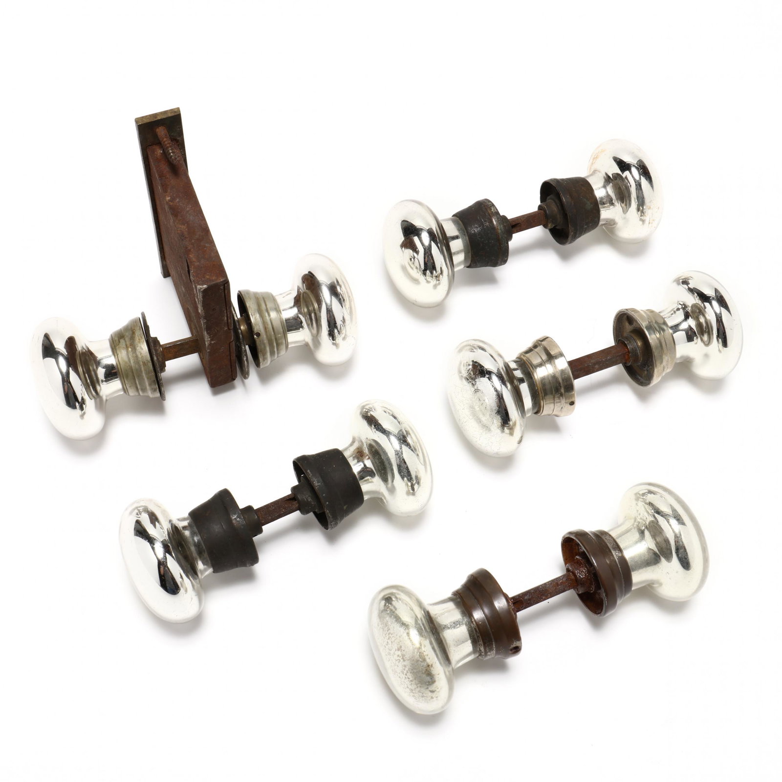 Set of Five Antique Mercury Glass Door Knobs: Set of Five Antique Mercury Glass Door Knobs 19th and early 20th century, including one pair with lock. Each approximately 5.5 x 2.5 in. diameter From the Collection of Julia-Carr Bayler, Richmond, Vi