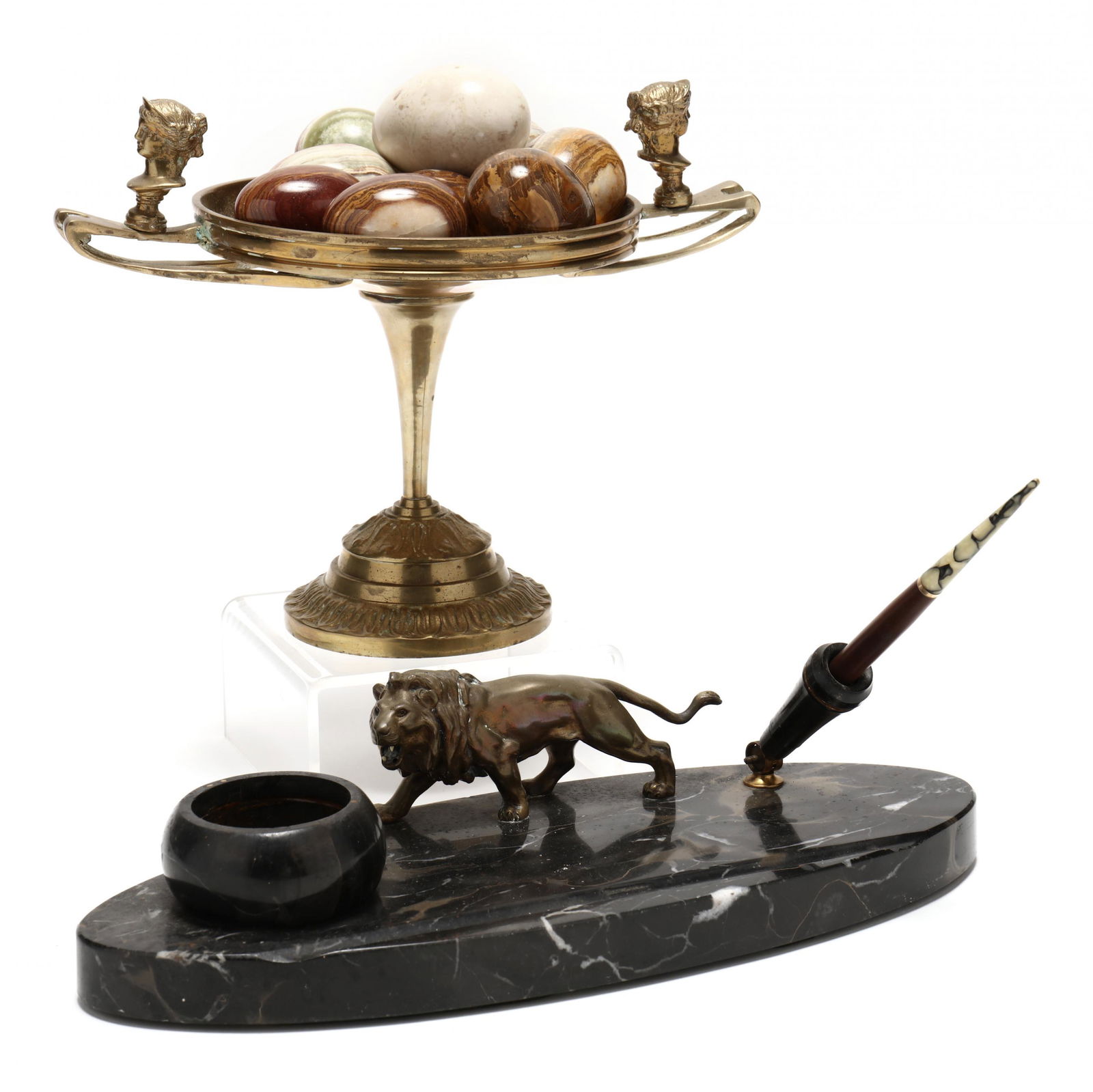 A Grouping of Vintage Table Accessories, inlcluding: A Grouping of Vintage Table Accessories, inlcluding Maitland Smithfirst an Art Nouveau style tazza by Maitland Smith, with figural bust mounts on whiplash curve double handles, labeled to underside (9