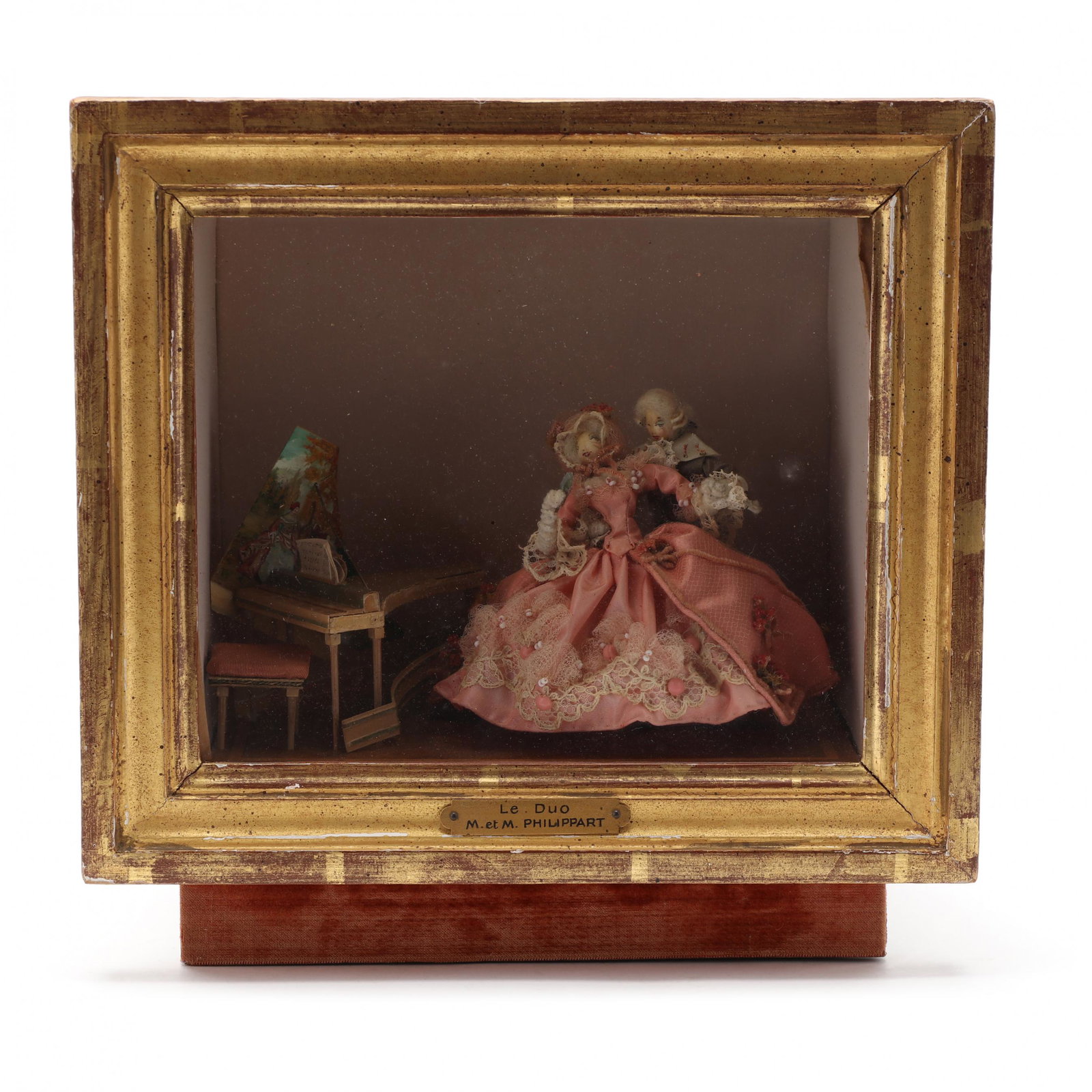 Antique French Maquette, Le Duo M. et M. Pilippart: Antique French Maquette, Le Duo M. et M. Pilippart 19th century, depicting an aristocratic dancing couple in mid-19th century French attire with a piano and wood flooring; box is framed behind glass, 
