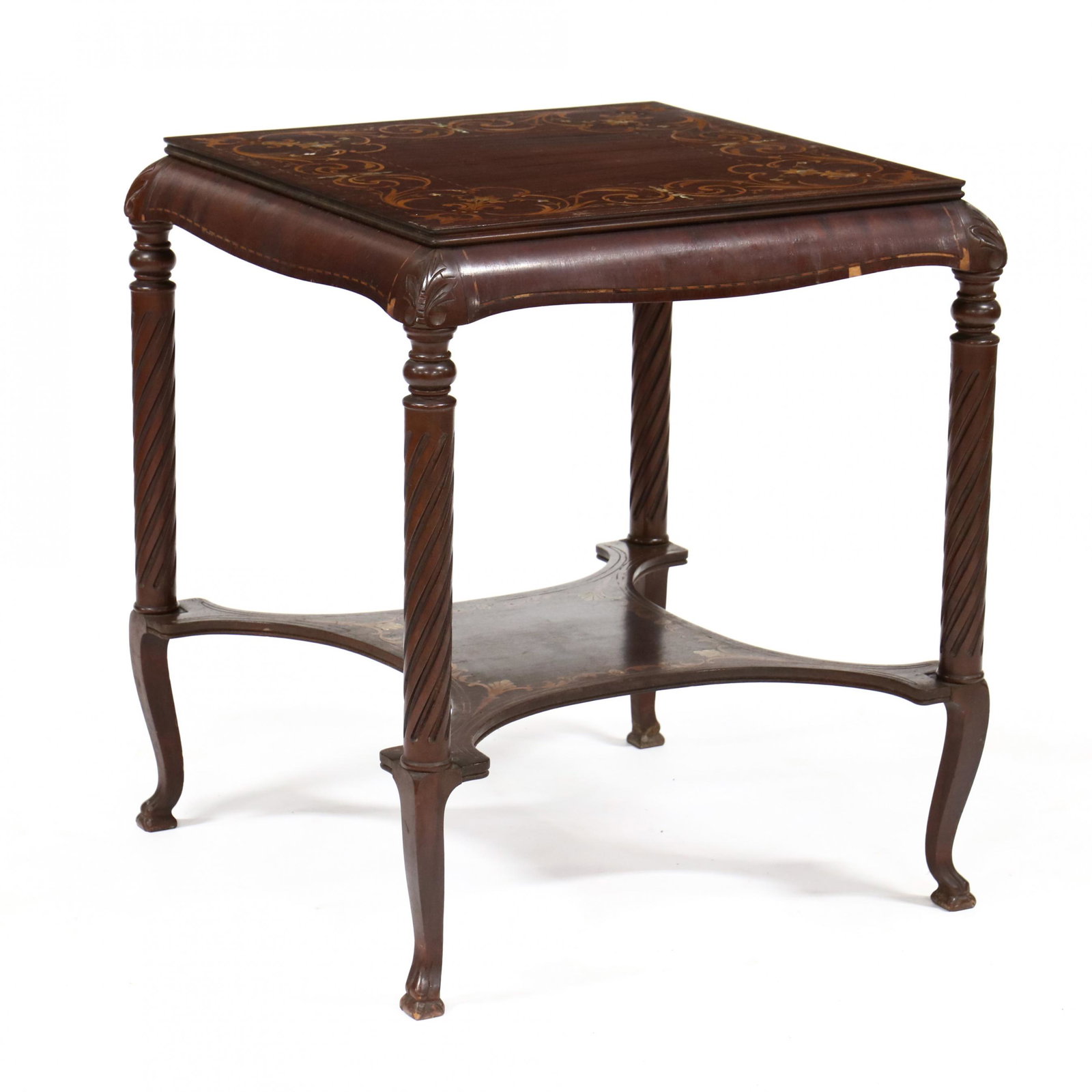 Belle Epoque Inlaid Mahogany Center Table: Belle Epoque Inlaid Mahogany Center Table circa 1900, square top with mixed wood and mother of pearl inlays, waterfall apron with line inlay, spiral twist fluted legs with a shaped lower shelf with re
