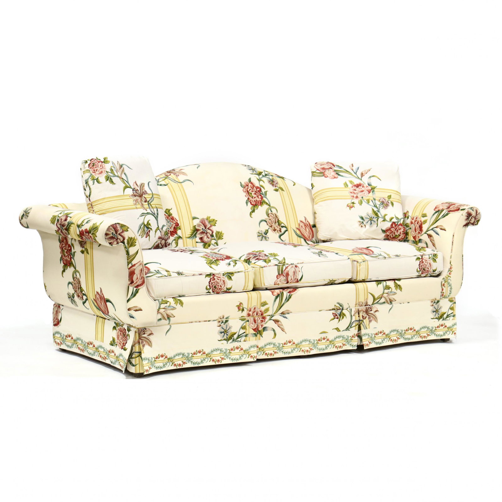Baker, Silk Over-Upholstered Sofa: Baker, Silk Over-Upholstered Sofa contemporary, printed floral and striped silk upholstery, with three loose cushions, two throw pillows, paneled skirt on square tapered feet, labeled. 33.5 x 88 x 35 