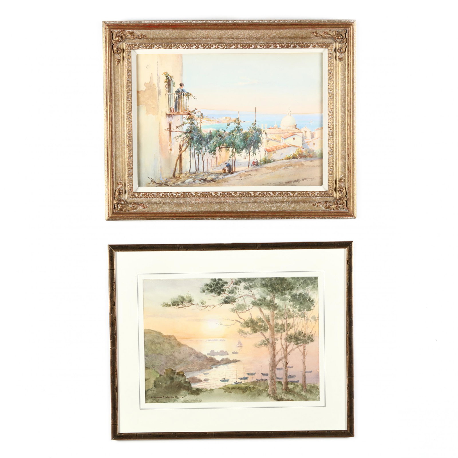 Two English School Watercolor Coastal Scenes: Two English School Watercolor Coastal Scenesthe first by Wilfred Knox (British, 1884-1966), A Suburb of Venice Looking Out to Sea, signed lower left, retains Clark Art Gallery, NC label and artist bio