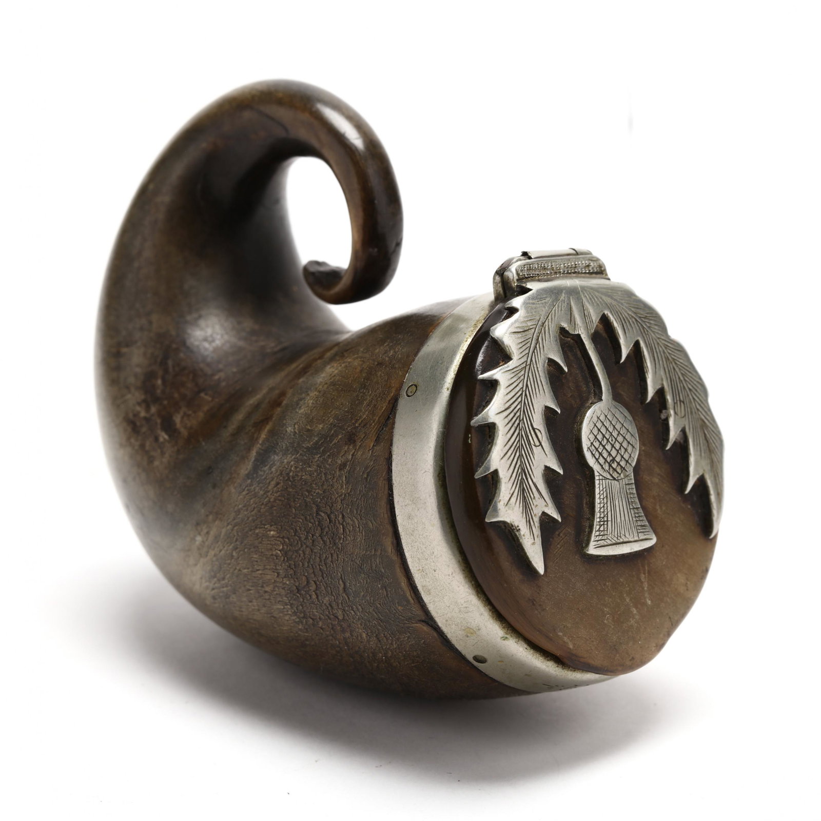 An Antique Scottish Snuff Mull, circa 1800: An Antique Scottish Snuff Mull, circa 1800 well formed sheep's horn, hinged cover with silvertone thistle mount, the collar with period monogram "R . C." Length overall 3 in. From the Collection of Da