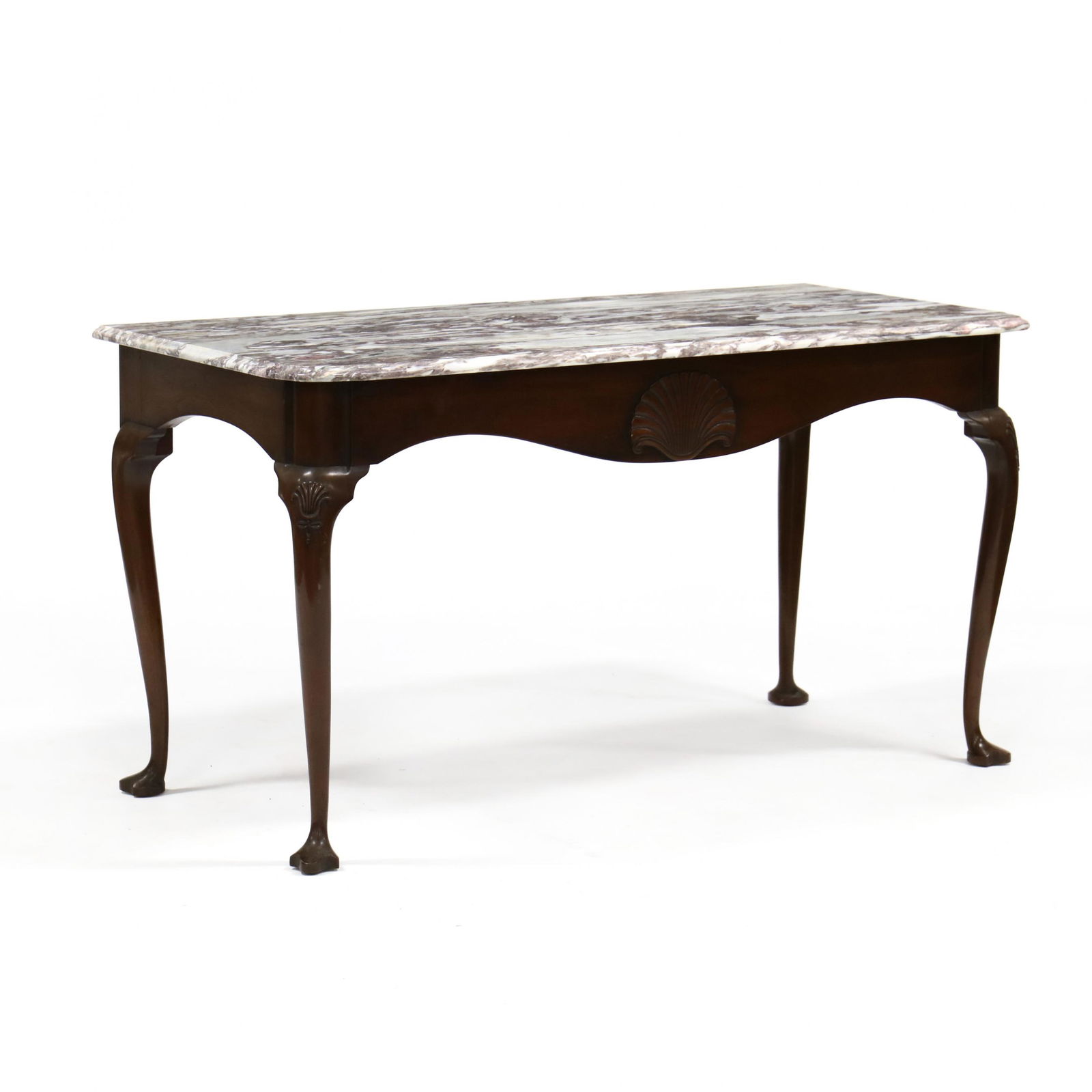 Kittinger, Queen Anne Style Marble Top Slab Table: Kittinger, Queen Anne Style Marble Top Slab Tablemid 20th century, rectangular marble top with molded edge and shaped corners, carved mahogany base with cabriole legs featuring shell carved knees, on