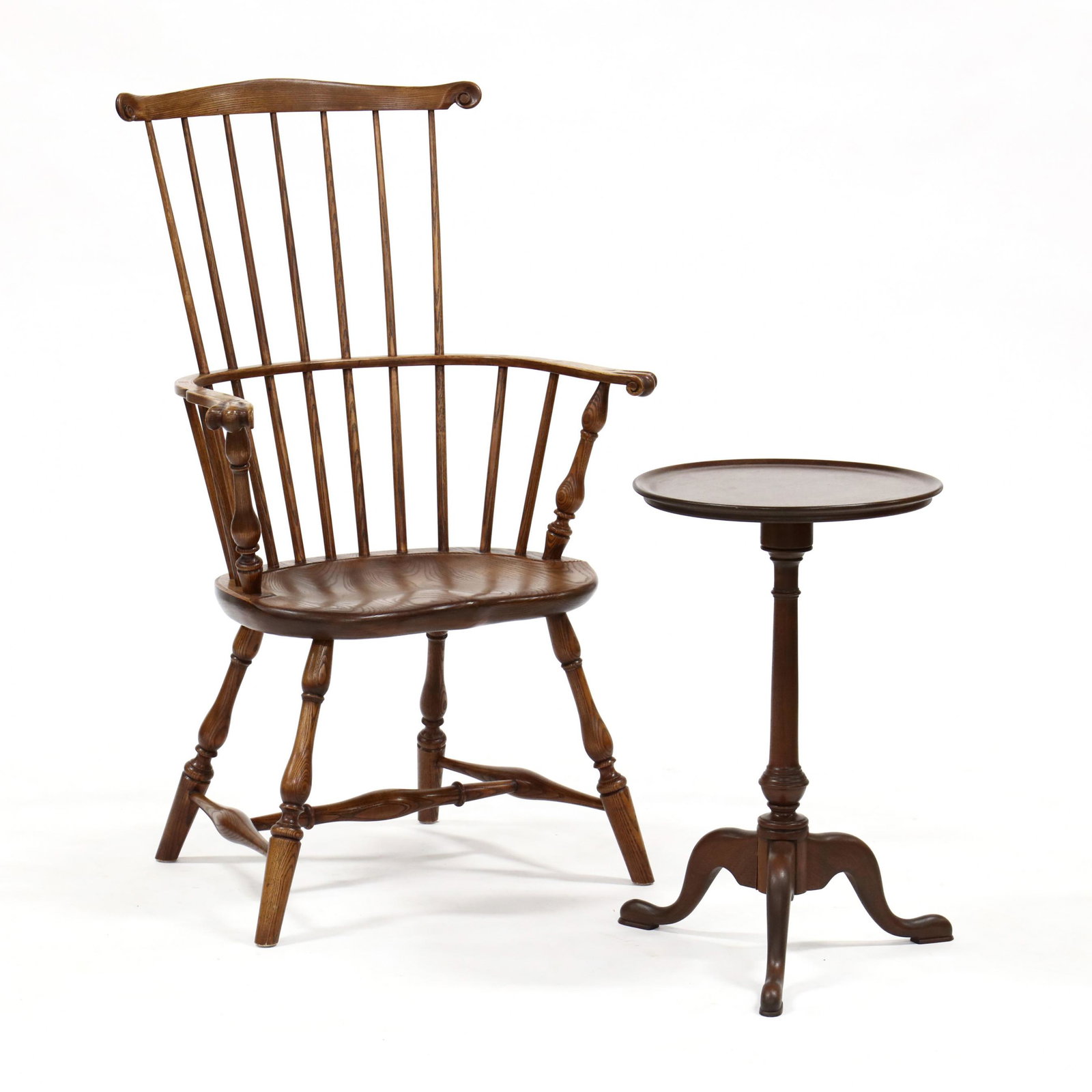Windsor Armchair and Candlestand, Bartley Collection: Windsor Armchair and Candlestand, Bartley Collection second half of the 20th century, including an oak Windsor armchair with scrolled ear crest, seven-spindle back, scrolled knuckles, saddle seat, tur