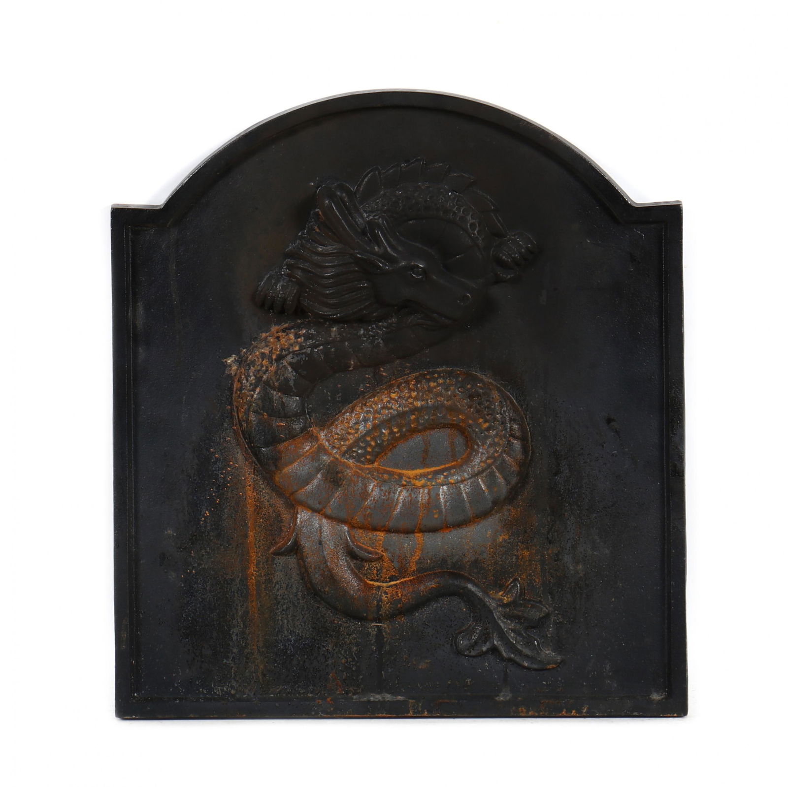 A Sea Serpent Form Cast Iron Fireback: A Sea Serpent Form Cast Iron Firebacklate 20th century, relief cast with black paint, appears unmarked. 20.5 x 18 in. Additional high-resolution photos are available at www.lelandlittle.com