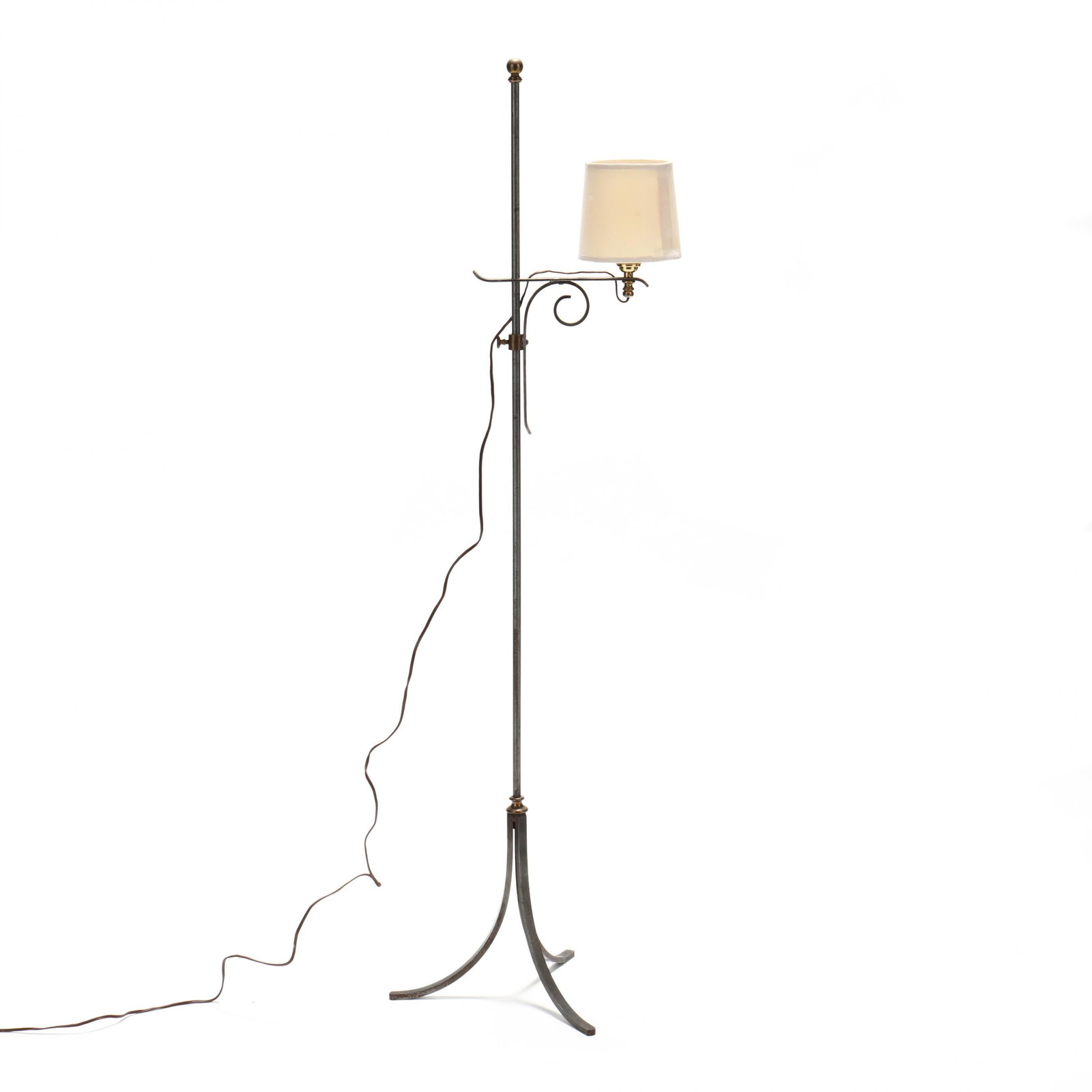 Colonial Style Steel and Brass Floor Lamp: Colonial Style Steel and Brass Floor Lamp post 1960, adjustable height with clip-on shade, tripod form base. HOA 57 in. Collection of a Gentleman, Polk County, Florida Additional high-resolution photo