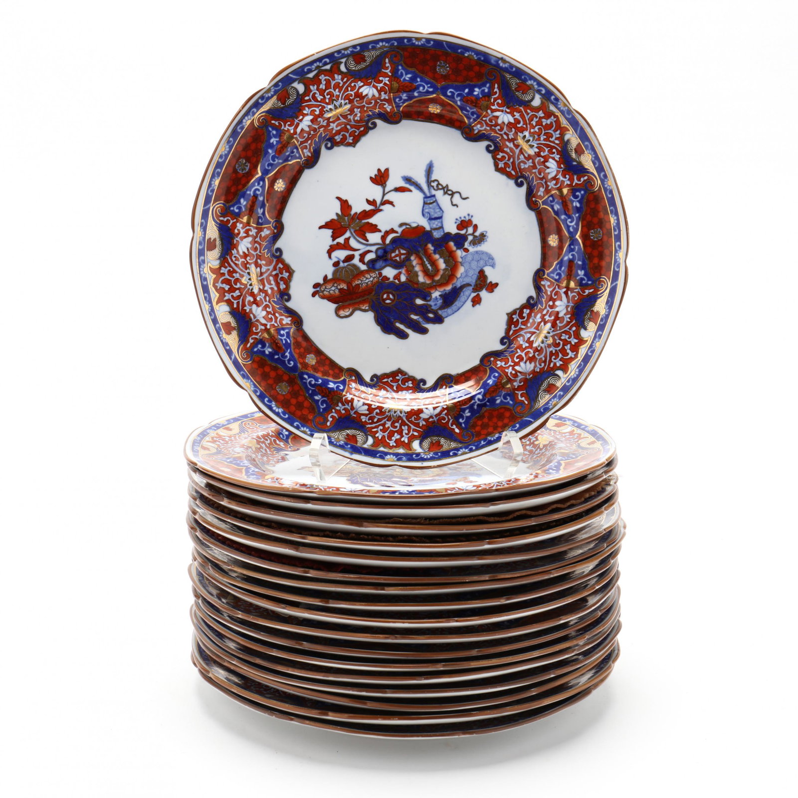 A Set of (18) Spode Frog Dinner Plates: A Set of (18) Spode Frog Dinner Plates mid-19th century, pattern number 3248, lavishly decorated in the Imari palette, shell edge, impressed Spode mark to the underside and with pattern number. 9.5 in