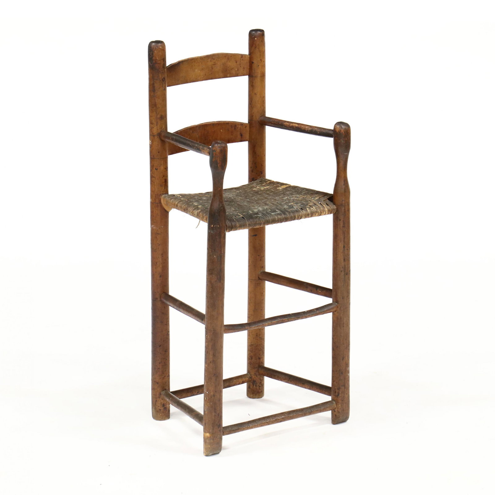 Antique Southern Primitive High Chair: Antique Southern Primitive High Chair 19th century, cherry and mixed wood, ladder back with turned arms and stretcher base, splint oak seat. 32 x 14 x 11 in., seat height 19 in. Private Collection Add