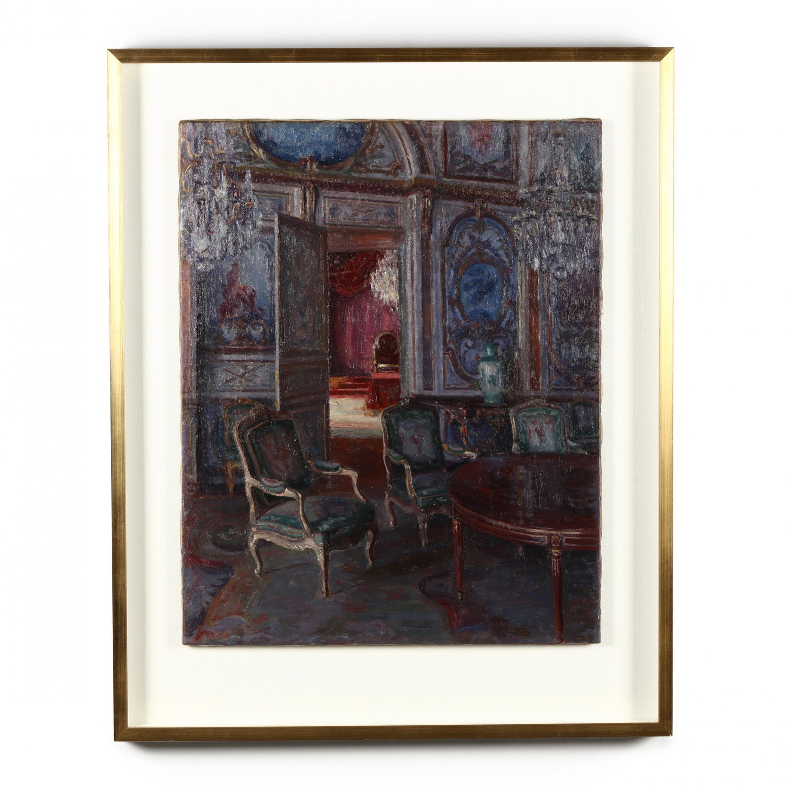 French School (late 19th Century), Impressionist: French School (late 19th Century), Impressionist Painting of a Baroque Interior oil on canvas, unsigned, float mounted behind museum glass in an attractive shadow box frame. Stretcher size 32 x 25 in.
